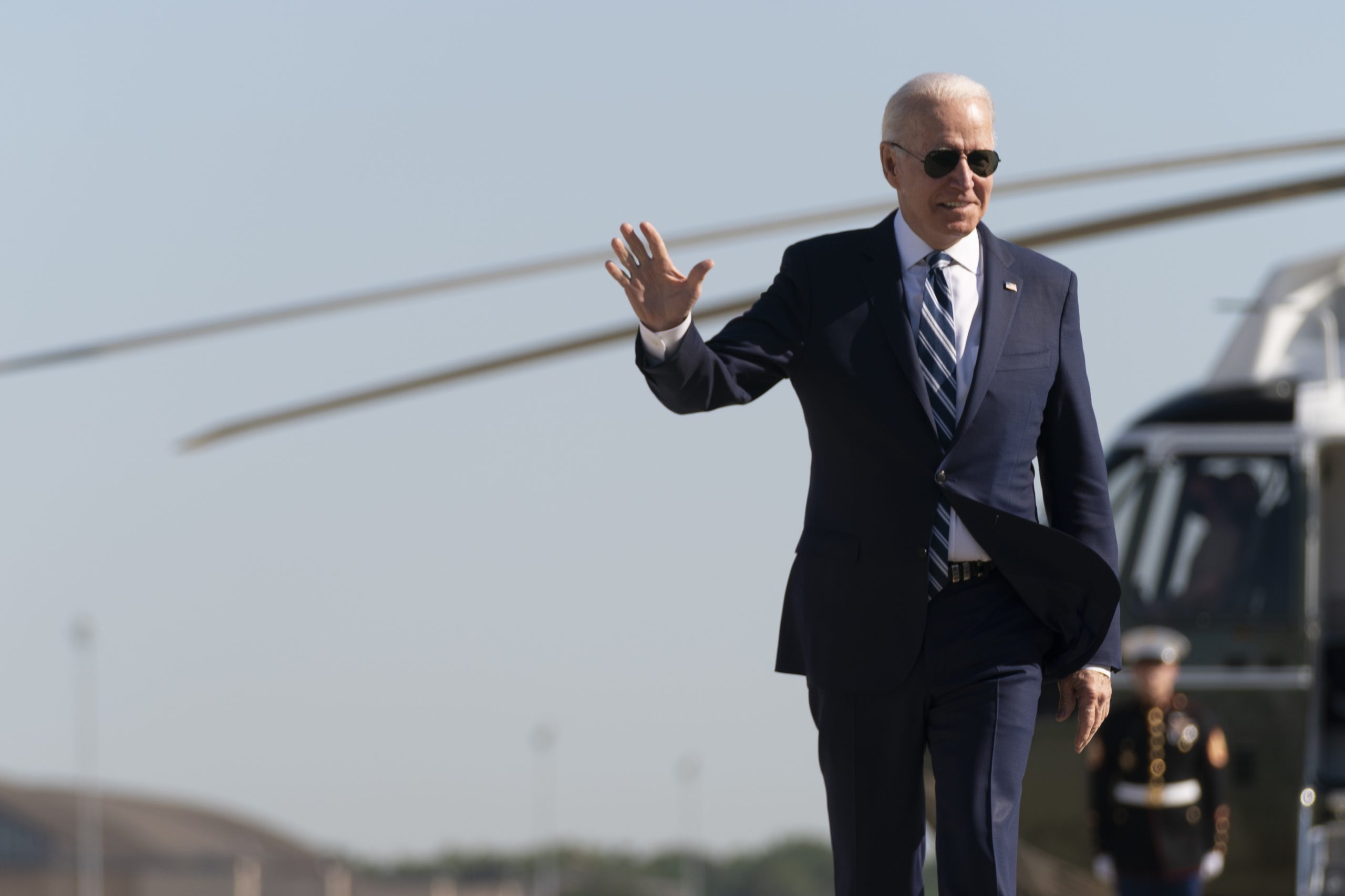 President Joe Biden arrives to board Air Force One at Andrews Air Force Base, Md., Wednesday, May 19, 2021. Biden is traveling to attend the commencement for the United States Coast Guard Academy in New London, Conn. (AP Photo/Andrew Harnik)