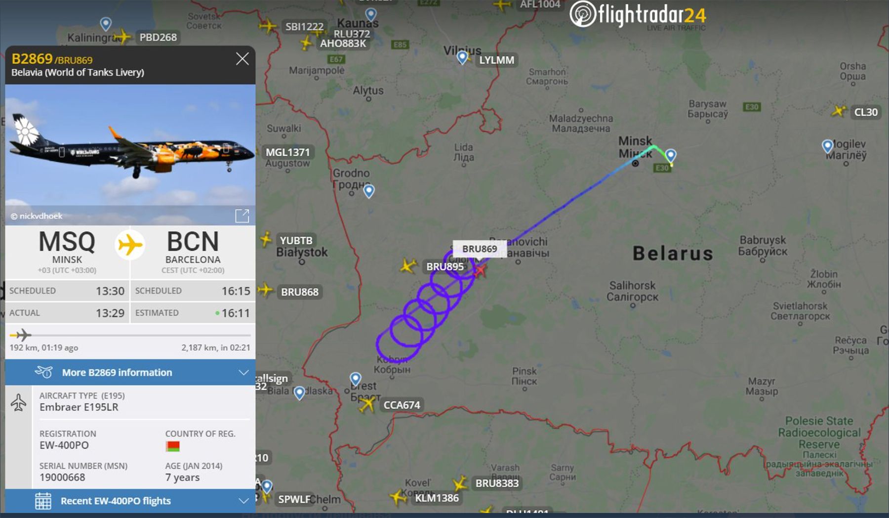 Bjeloruski putnički avion na letu iz Minska u Barcelonu
