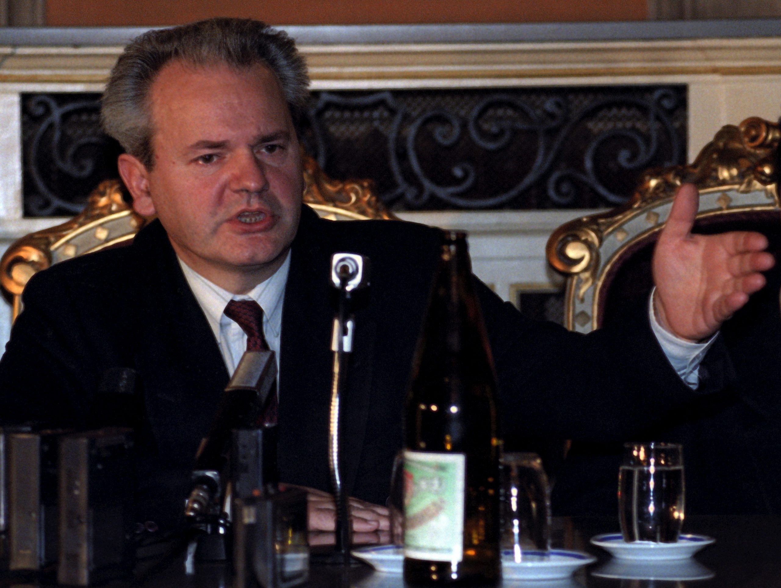Serbian President Slobodan Milosevic (L) speaks with students in the University, Belgrade, Yugoslavia, 19 March 1991. EPA/ROBERT RAJTIC