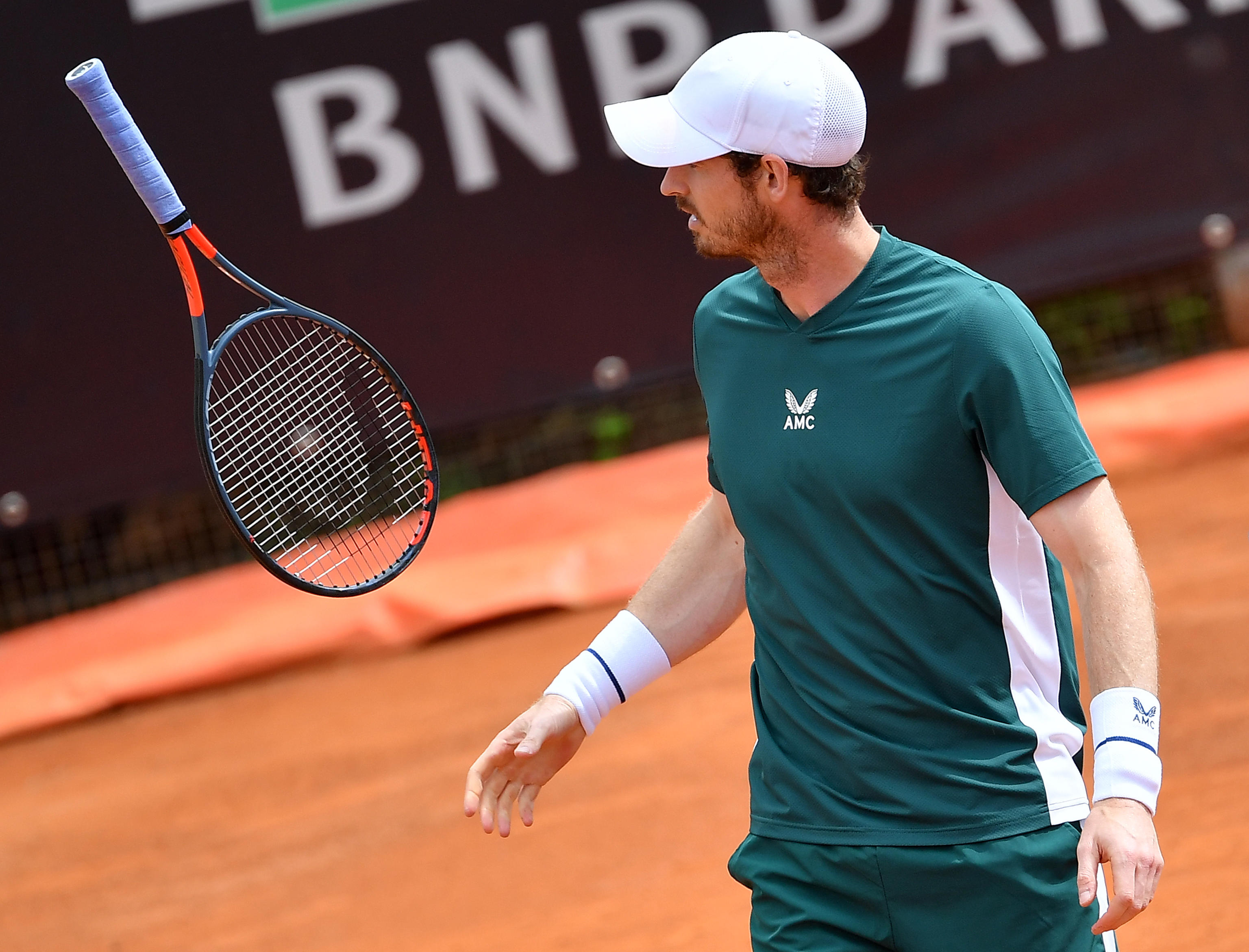 epa09197023 Britain's Andy Murray reacts during his Men's double match with Britain's Liam Broady against Germany's Kevin Krawitz and Romania's Horia Tecau at the Italian Open tennis tournament in Rome, Italy, 13 May 2021.  EPA-EFE/ETTORE FERRARI