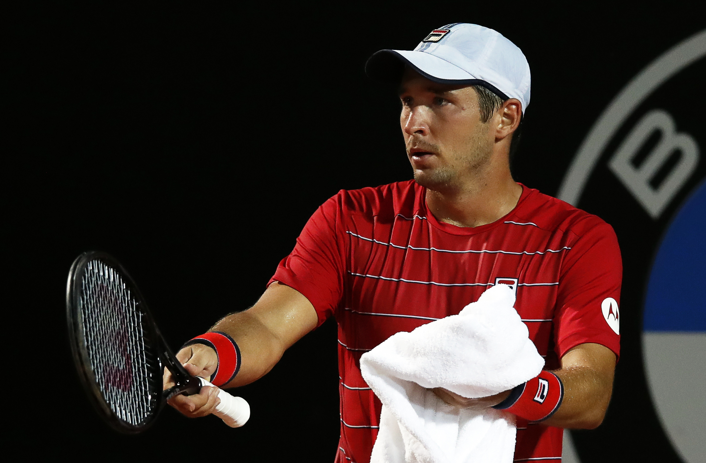 epa08679339 Dusan Lajovic of Serbia reacts during his men's singles third round match against Rafael Nadal of Spain at the Italian Open tennis tournament in Rome, Italy, 18 September 2020.  EPA-EFE/Clive Brunskill / POOL