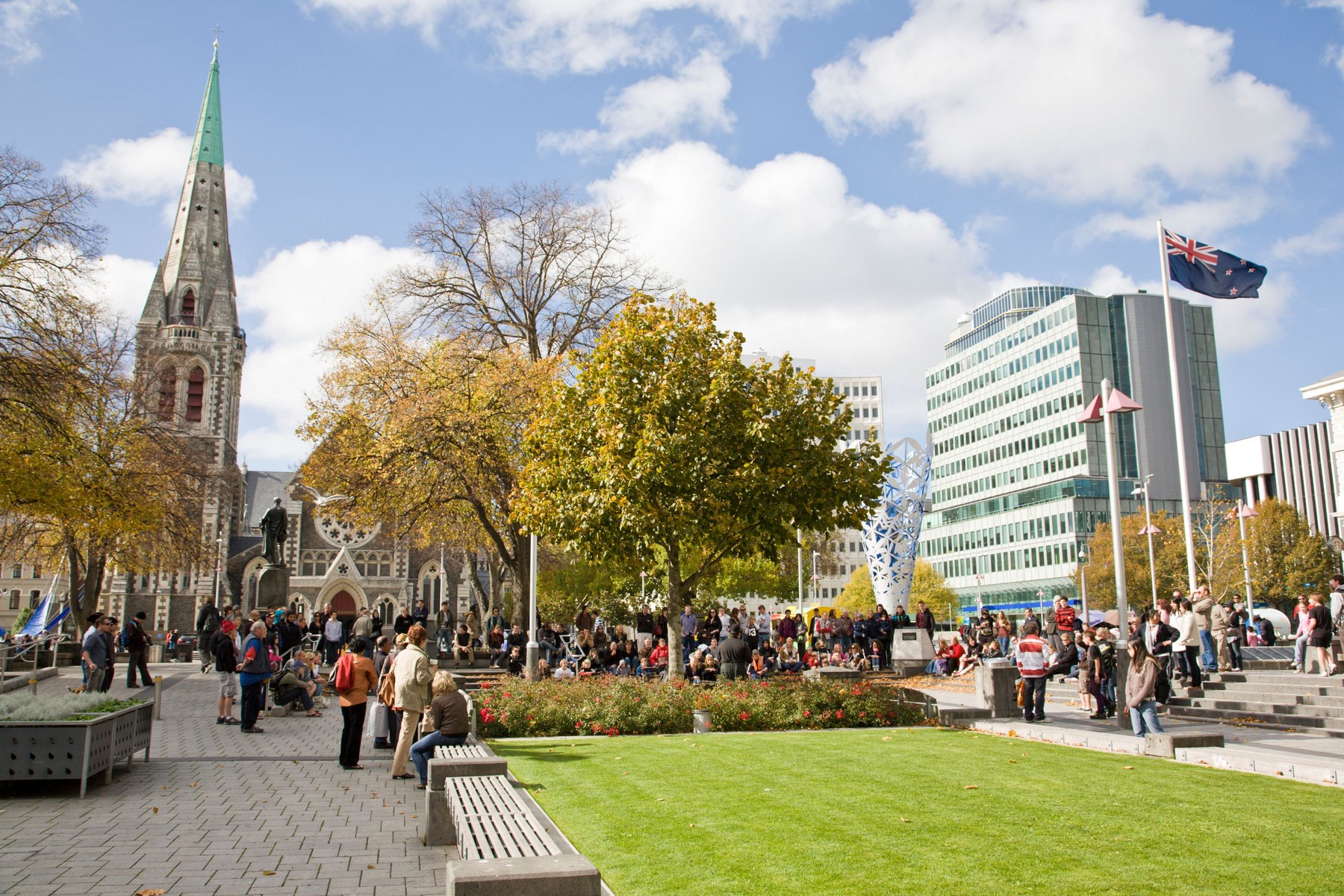 Crowds of people in Cathedral Square Christchurch New Zeland