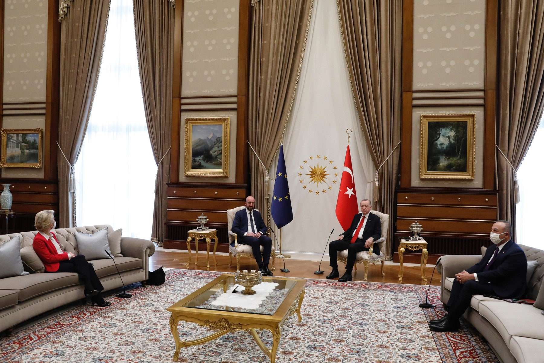 Turkey, Ankara: The President of the European Council Charles Michel and Ursula von der Leyen President of the European Commission, meet Turkish President Recep Tayyip Erdogan.