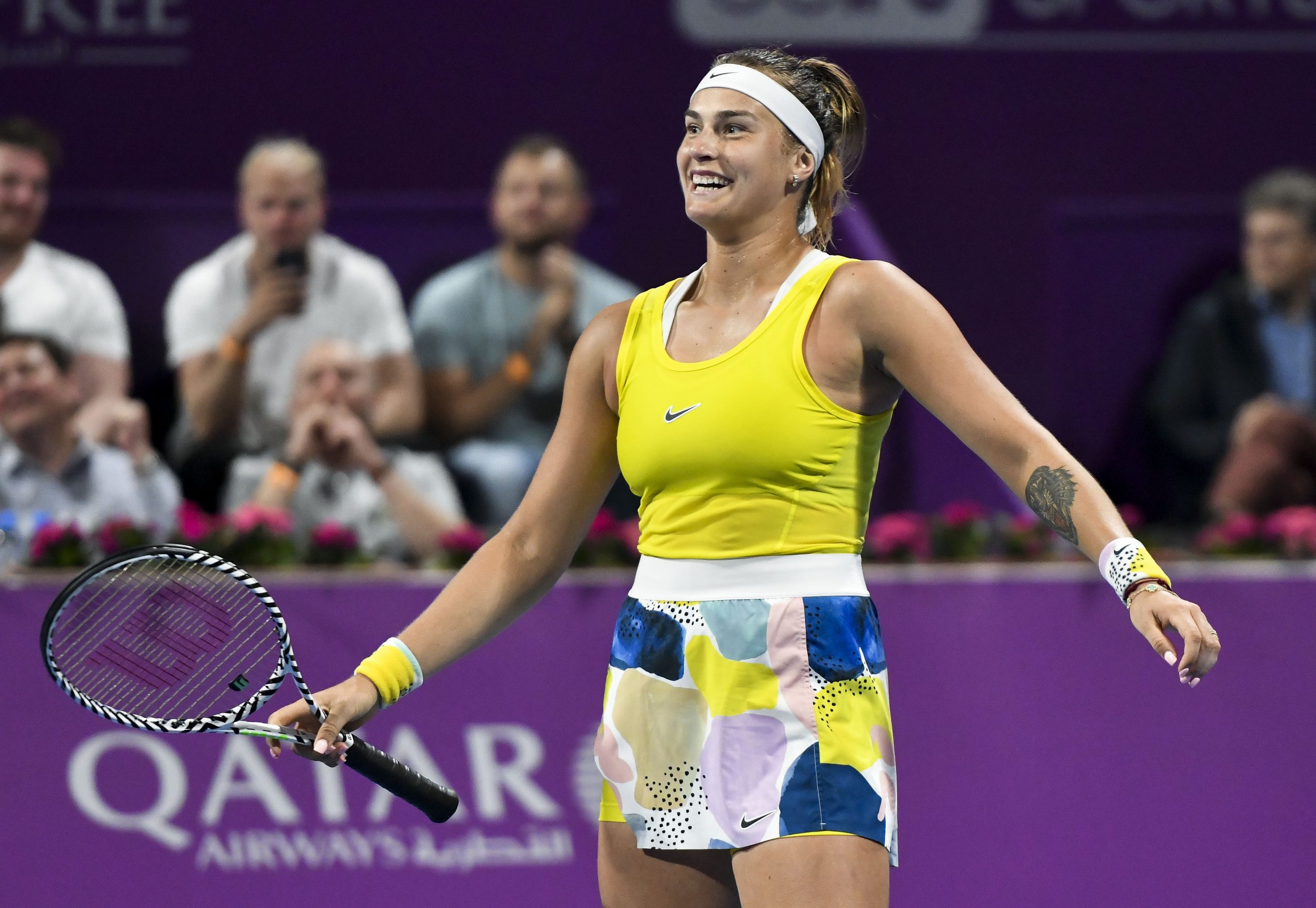 epa08259929 Aryna Sabalenka of Belarus  celebrates winning her singles final match against Petra Kvitova of Czech Republic  at the WTA Qatar Ladies Open tennis tournament in Doha, Qatar, 29 February 2020.  EPA-EFE/NOUSHAD THEKKAYIL