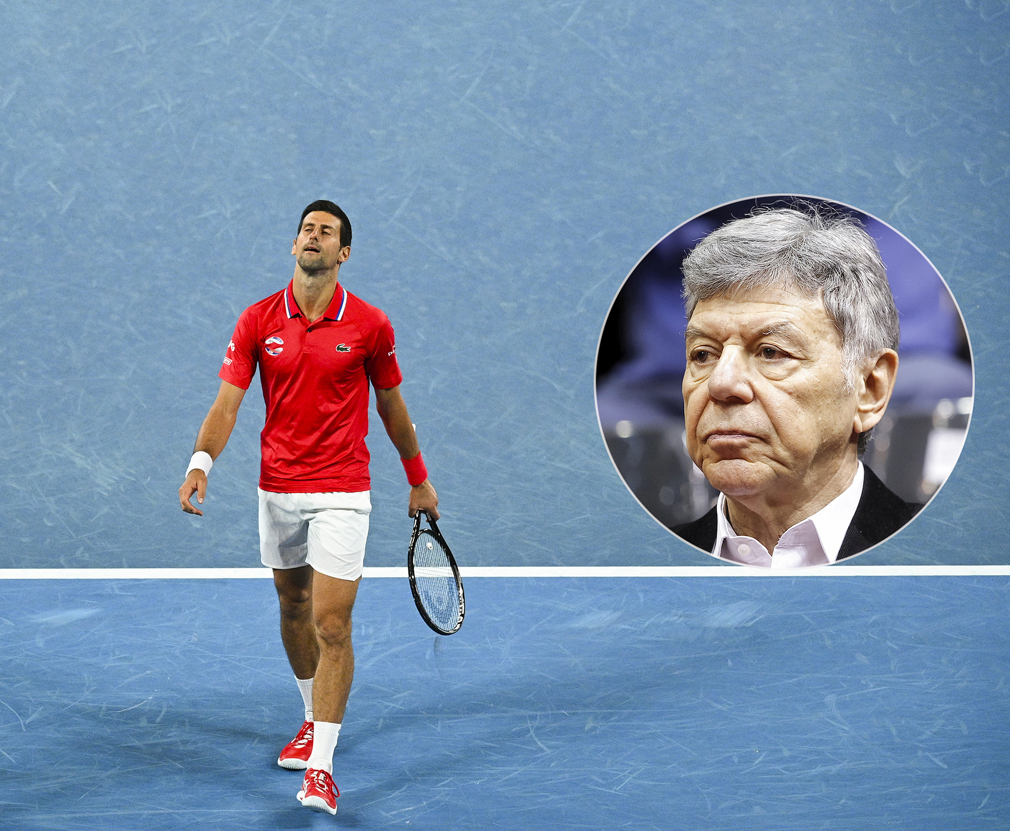 epa08988220 Novak Djokovic of Serbia reacts during the ATP Cup doubles tennis match against Alexander Zverev and Jan-Lennard Struff of Germany at Melbourne Park in Melbourne, Australia, 05 February 2021.  EPA-EFE/DEAN LEWINS AUSTRALIA AND NEW ZEALAND OUT