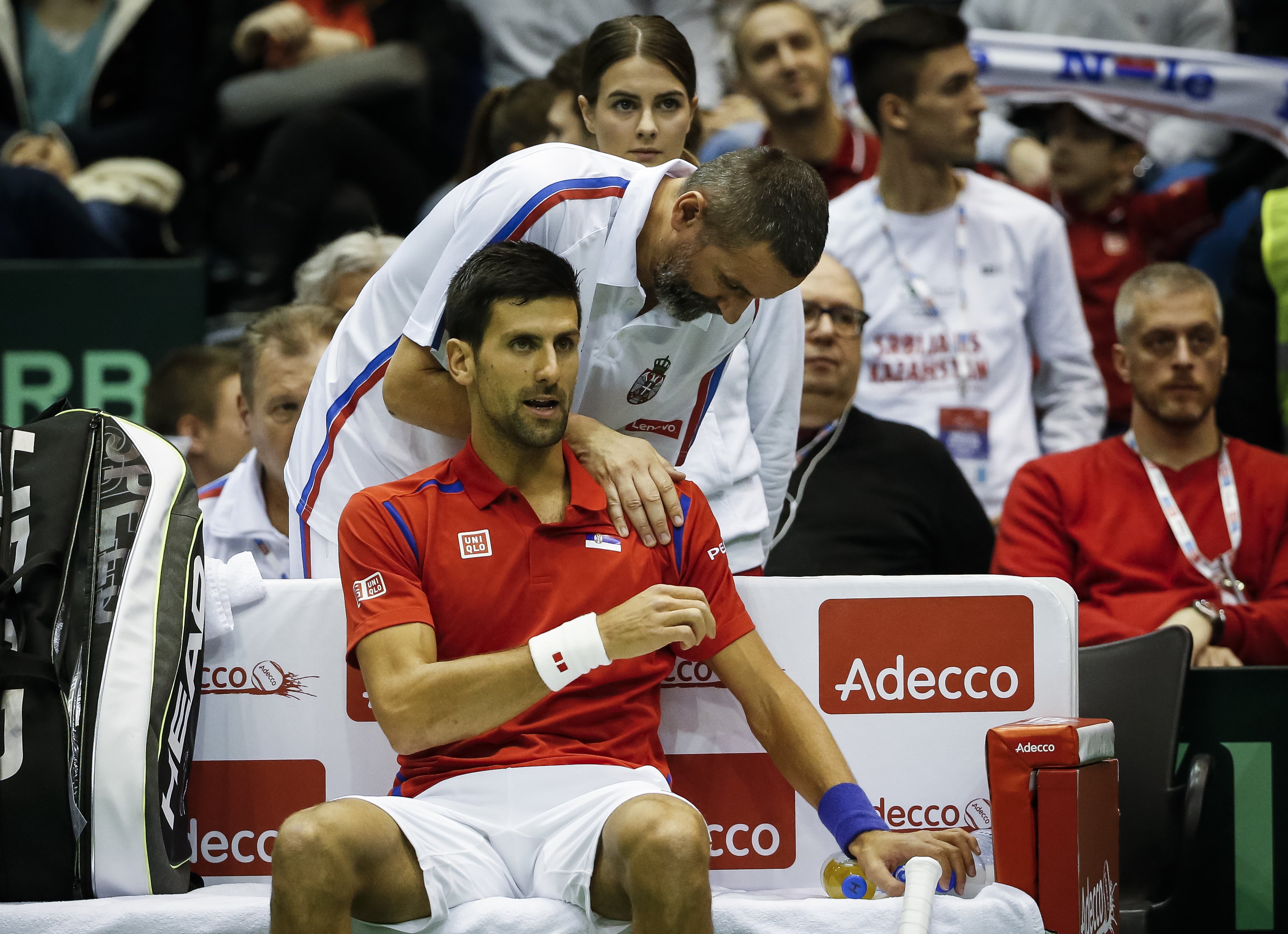 Davis Cup 2016 first round
Srbija v Kazahstan
Novak Djokovic v Aleksandr Nadovyesov
Novak Djokovic and head coach Bogdan Obradovic
Beograd, 04.03.2016.
Foto: Srdjan Stevanovic/Starsportphoto.com©