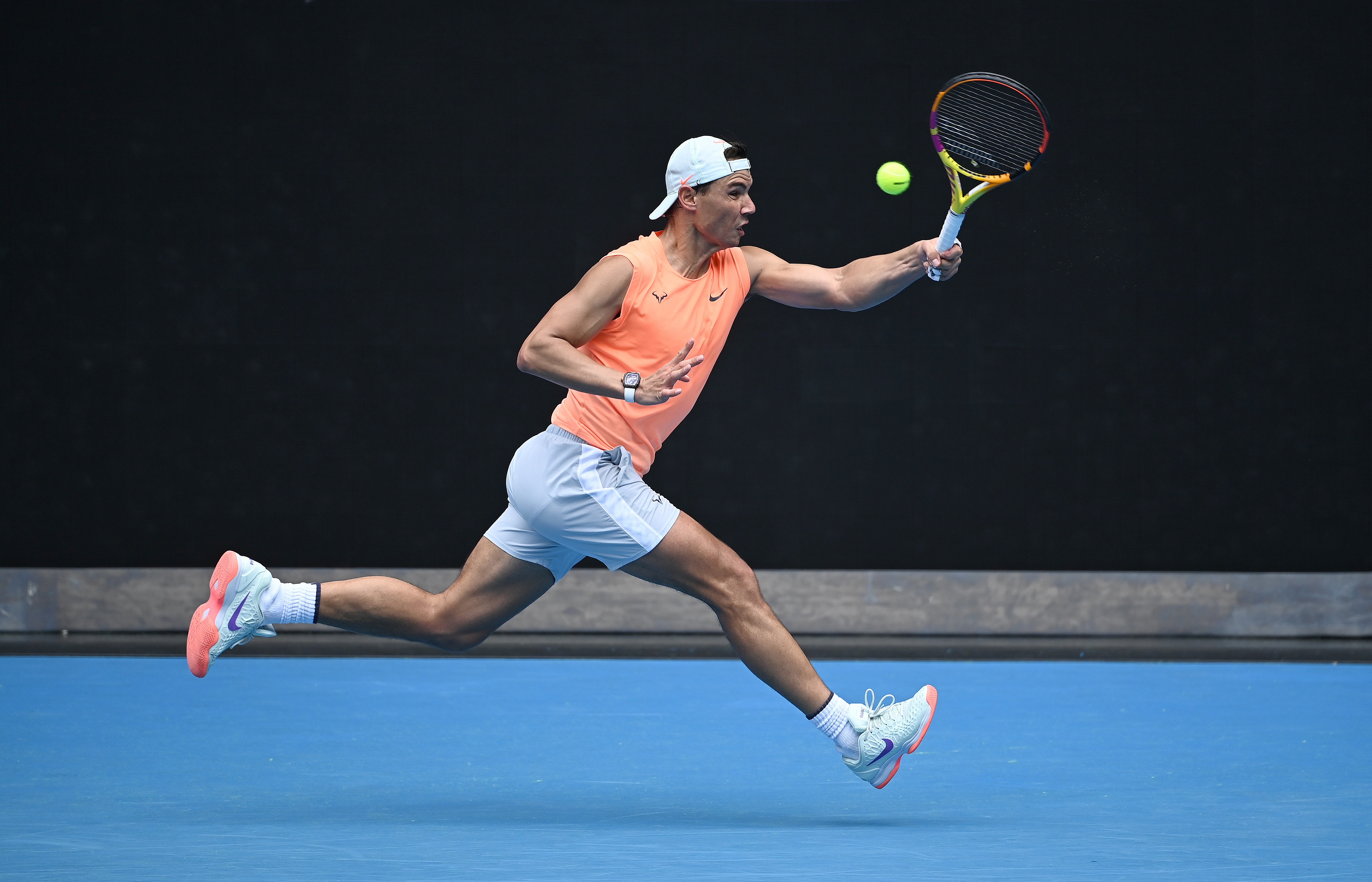 epa08992968 Rafael Nadal of Spain in action during a practice session at Melbourne Park in Melbourne, Australia, 07 February 2021.  EPA-EFE/DAVE HUNT AUSTRALIA AND NEW ZEALAND OUT