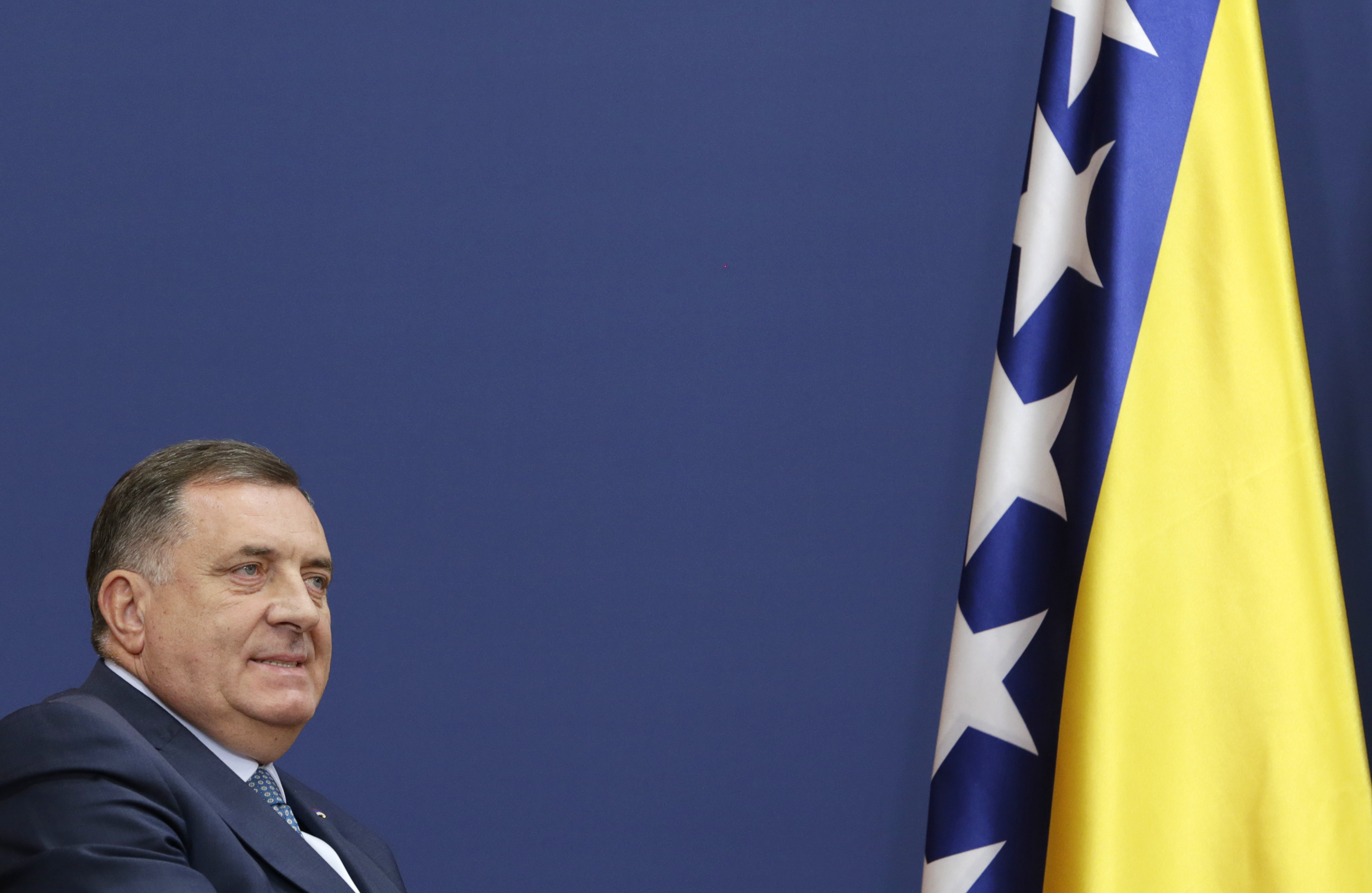 epa07905585 Member of the presidency of Bosnia and Hercegovina Milorad Dodik listens during the press conference after the Serbia, Turkey, Bosnia and Hercegovina trilateral meeting in Belgrade, Serbia, 08 October 2019.  EPA-EFE/ANDREJ CUKIC