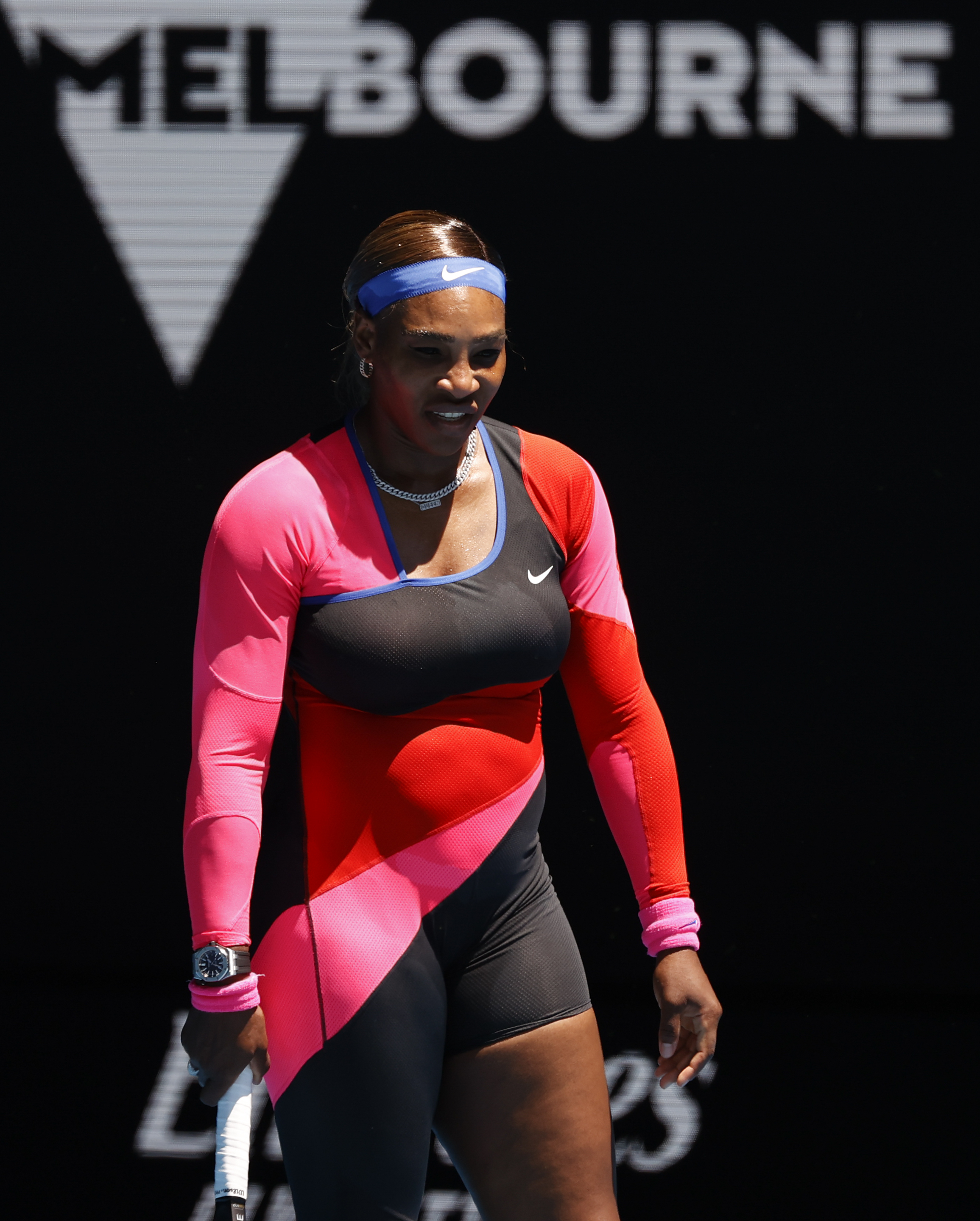 United States' Serena Williams waits to receive serve from Serbia's Nina Stojanovic during their second round match at the Australian Open tennis championship in Melbourne, Australia, Wednesday, Feb. 10, 2021.(AP Photo/Rick Rycroft)