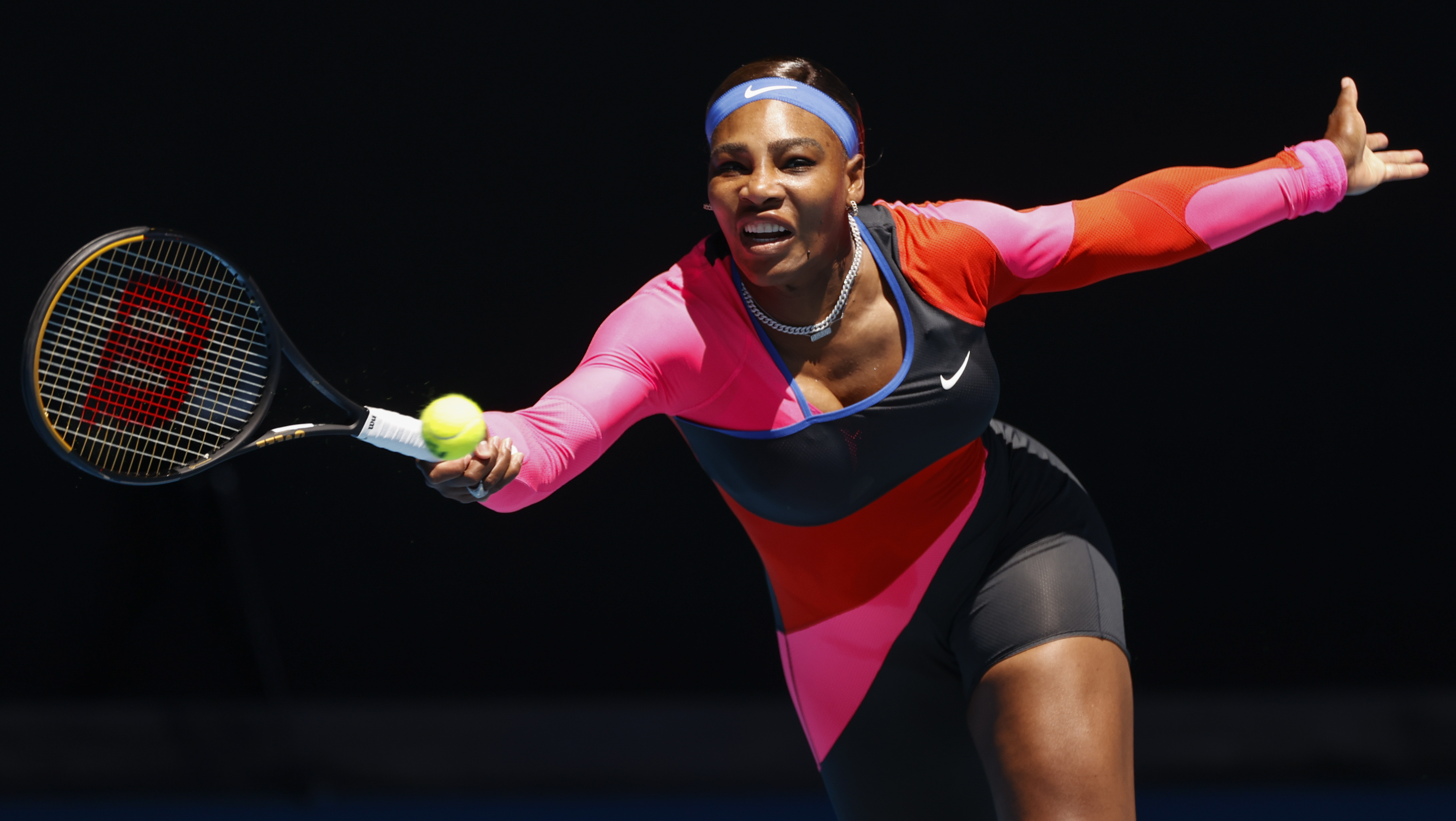 United States' Serena Williams makes a forehand return to Serbia's Nina Stojanovic during their second round match at the Australian Open tennis championship in Melbourne, Australia, Wednesday, Feb. 10, 2021.(AP Photo/Rick Rycroft)