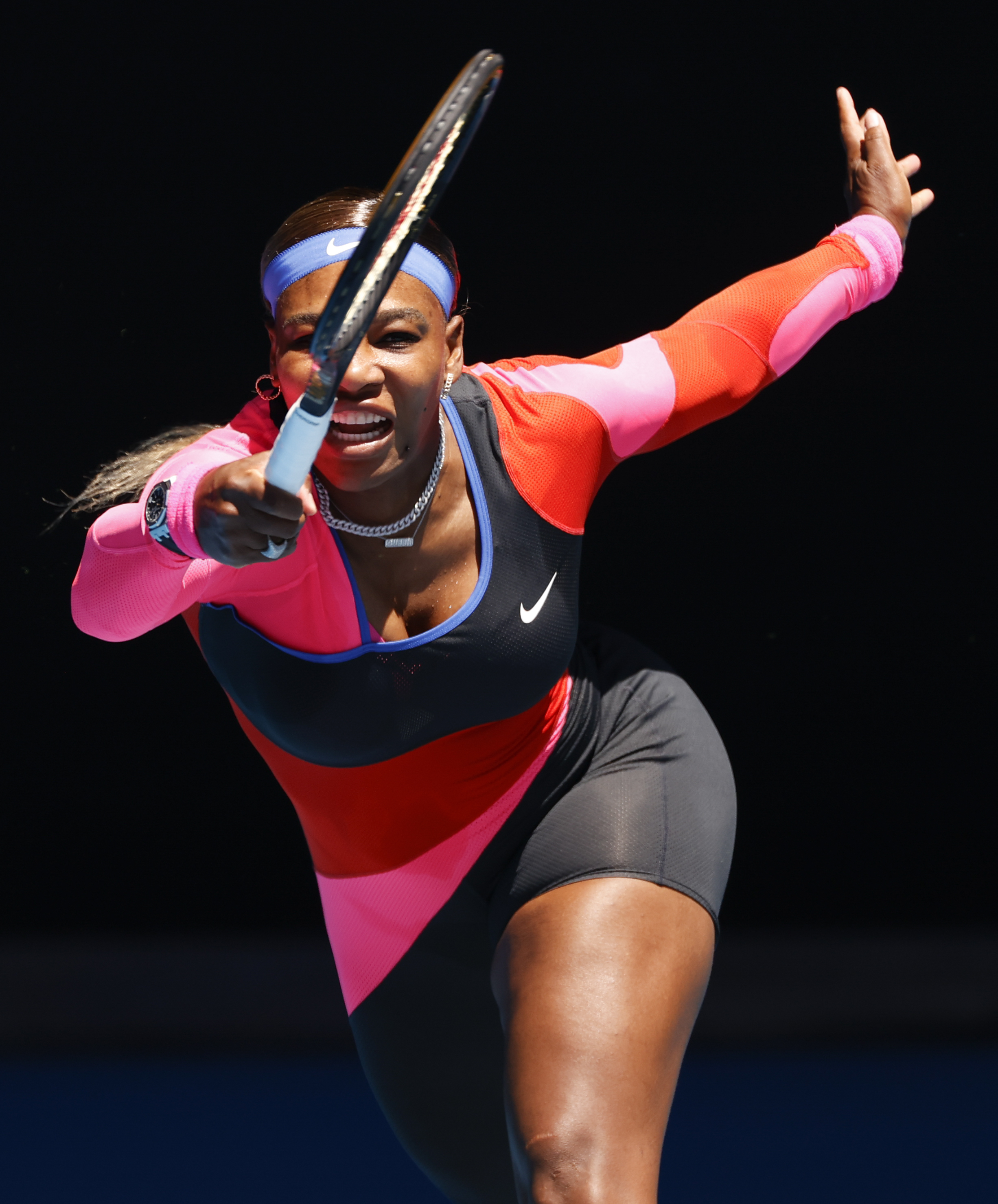 United States' Serena Williams makes a forehand return to Serbia's Nina Stojanovic during their second round match at the Australian Open tennis championship in Melbourne, Australia, Wednesday, Feb. 10, 2021.(AP Photo/Rick Rycroft)