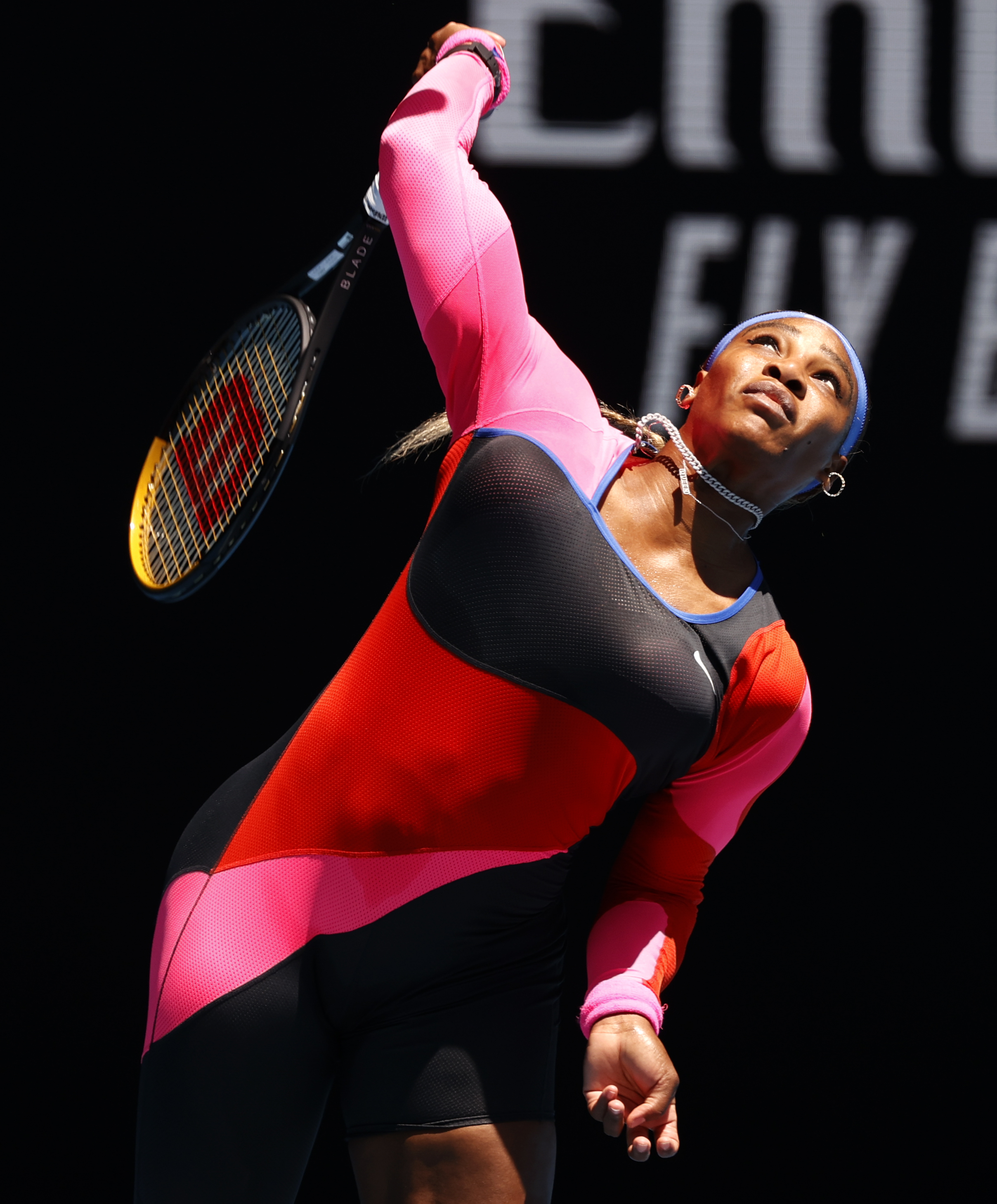 United States' Serena Williams serves to Serbia's Nina Stojanovic during their second round match at the Australian Open tennis championship in Melbourne, Australia, Wednesday, Feb. 10, 2021.(AP Photo/Rick Rycroft)