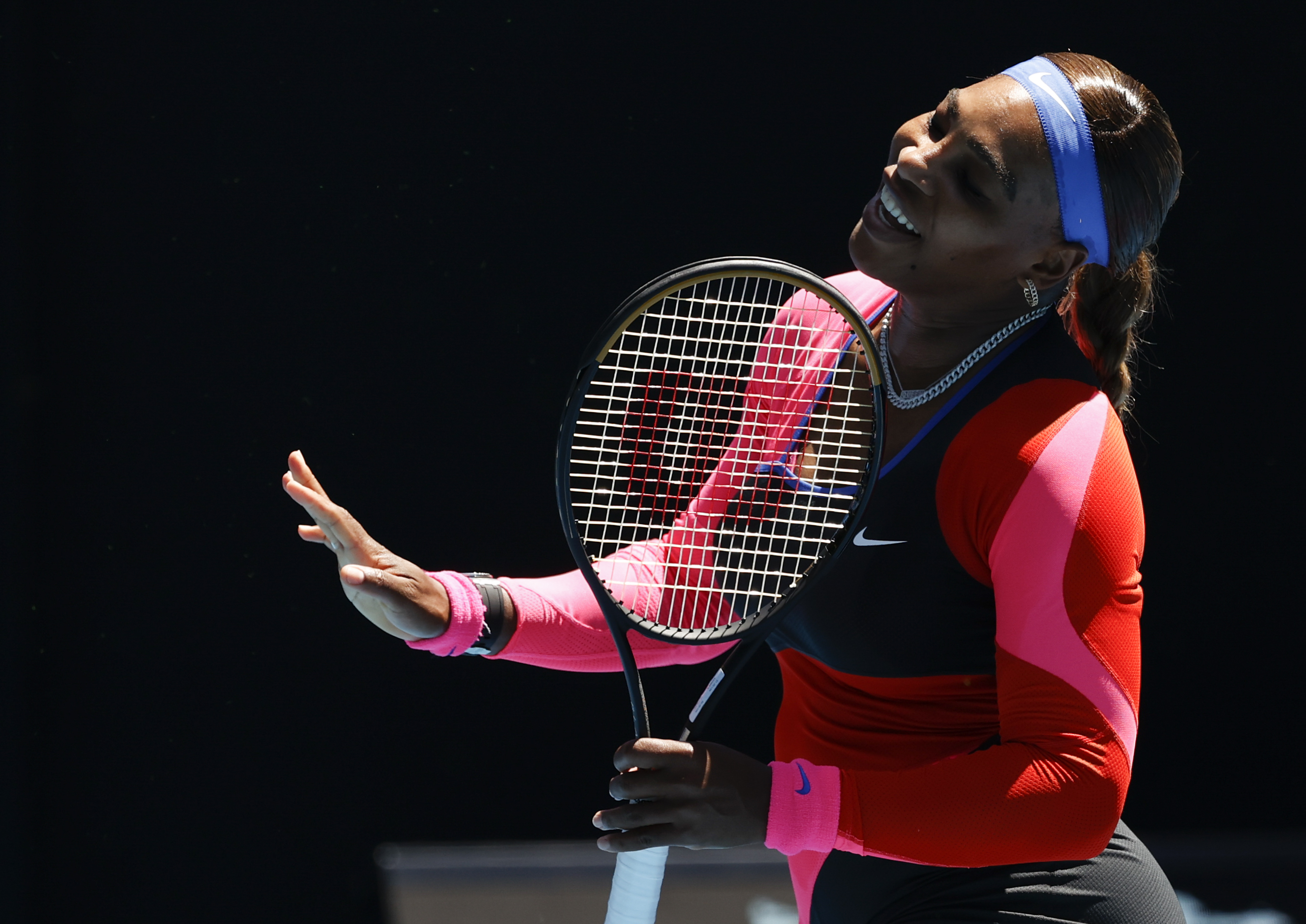 United States' Serena Williams reacts during her second round match against Serbia's Nina Stojanovic at the Australian Open tennis championship in Melbourne, Australia, Wednesday, Feb. 10, 2021.(AP Photo/Rick Rycroft)