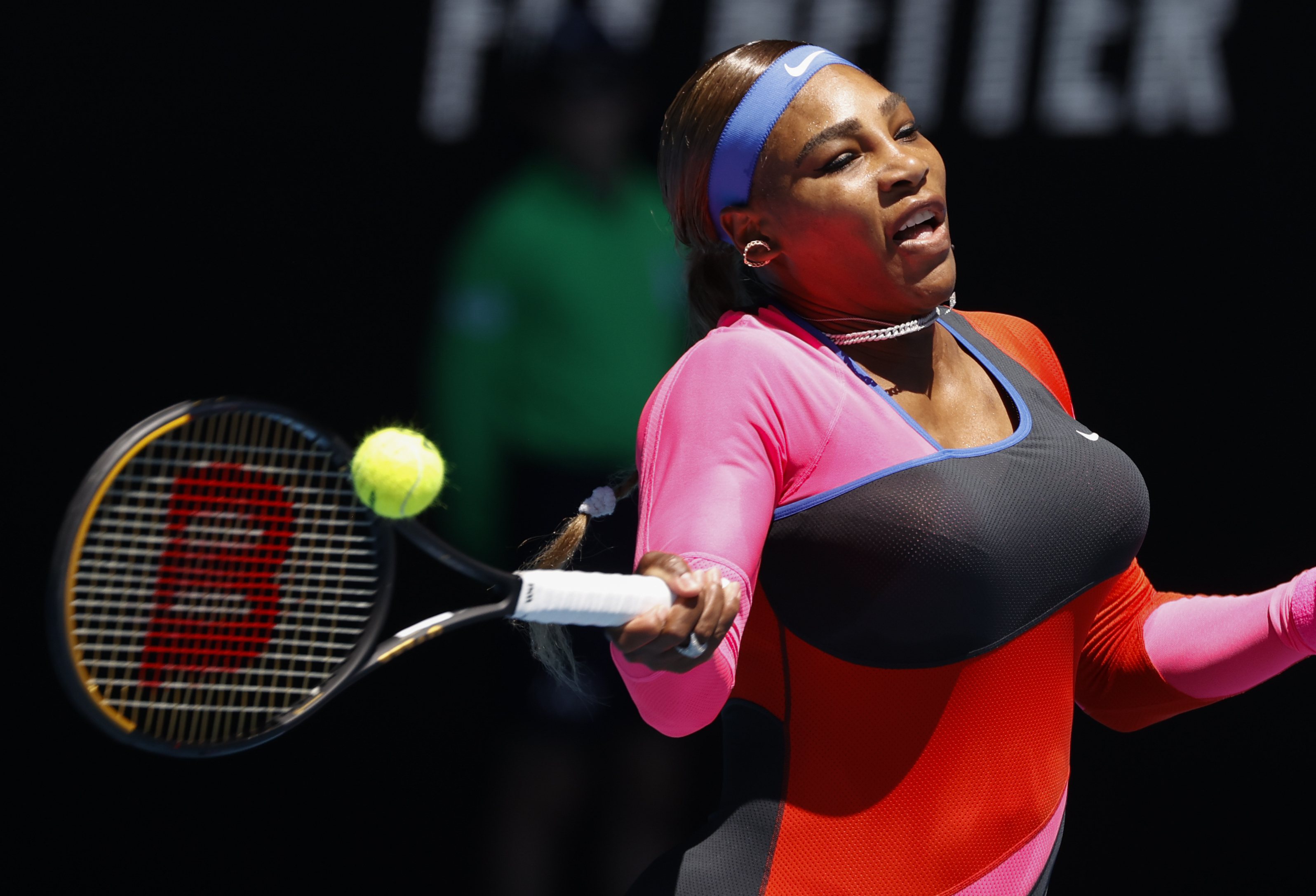 United States' Serena Williams makes a forehand return to Serbia's Nina Stojanovic during their second round match at the Australian Open tennis championship in Melbourne, Australia, Wednesday, Feb. 10, 2021.(AP Photo/Rick Rycroft)