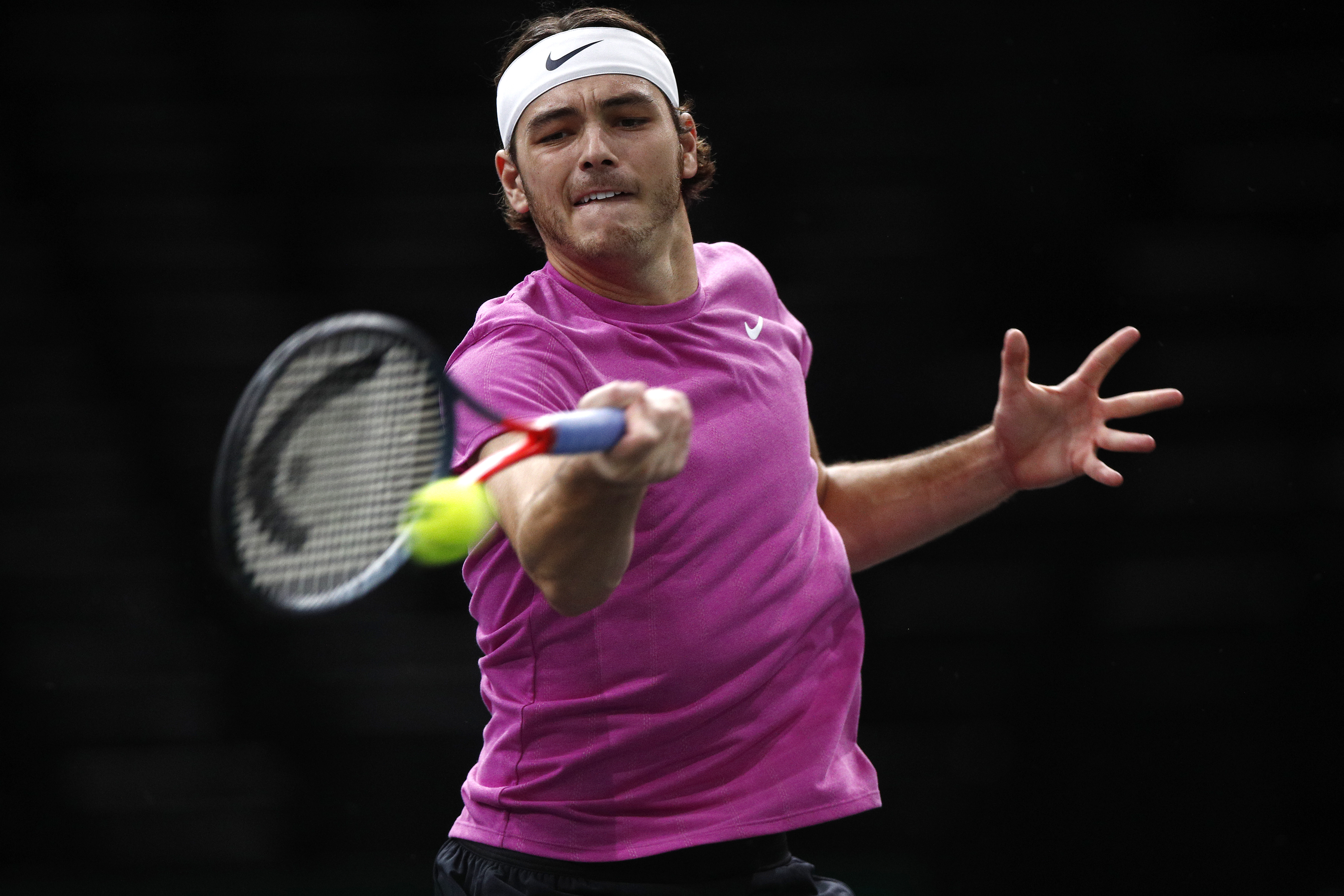 epa08795076 Taylor Fritz of US in action during his first round match against Richard Gasquet of France at the Rolex Paris Masters tennis tournament in Paris, France, 03 November 2020.