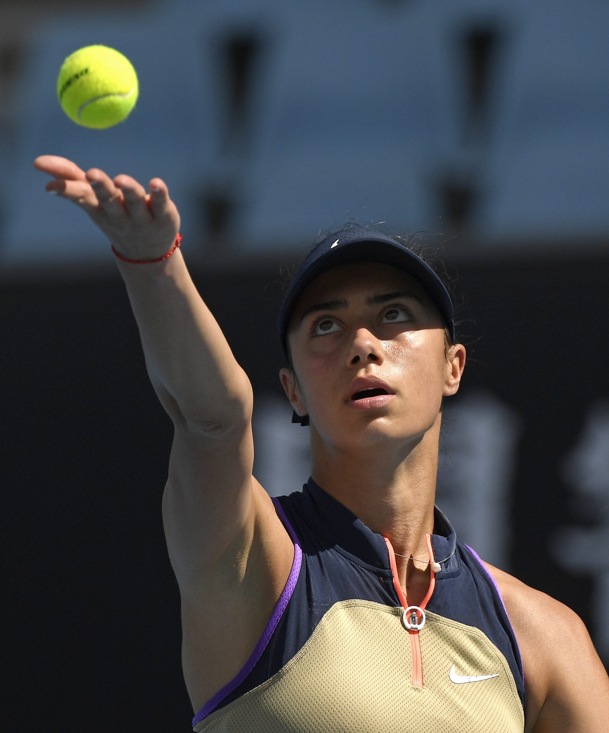 Serbia's Olga Danilovic serves to United States' Shelby Rogers during their second round match at the Australian Open tennis championship in Melbourne, Australia, Thursday, Feb. 11, 2021.(AP Photo/Andy Brownbill)