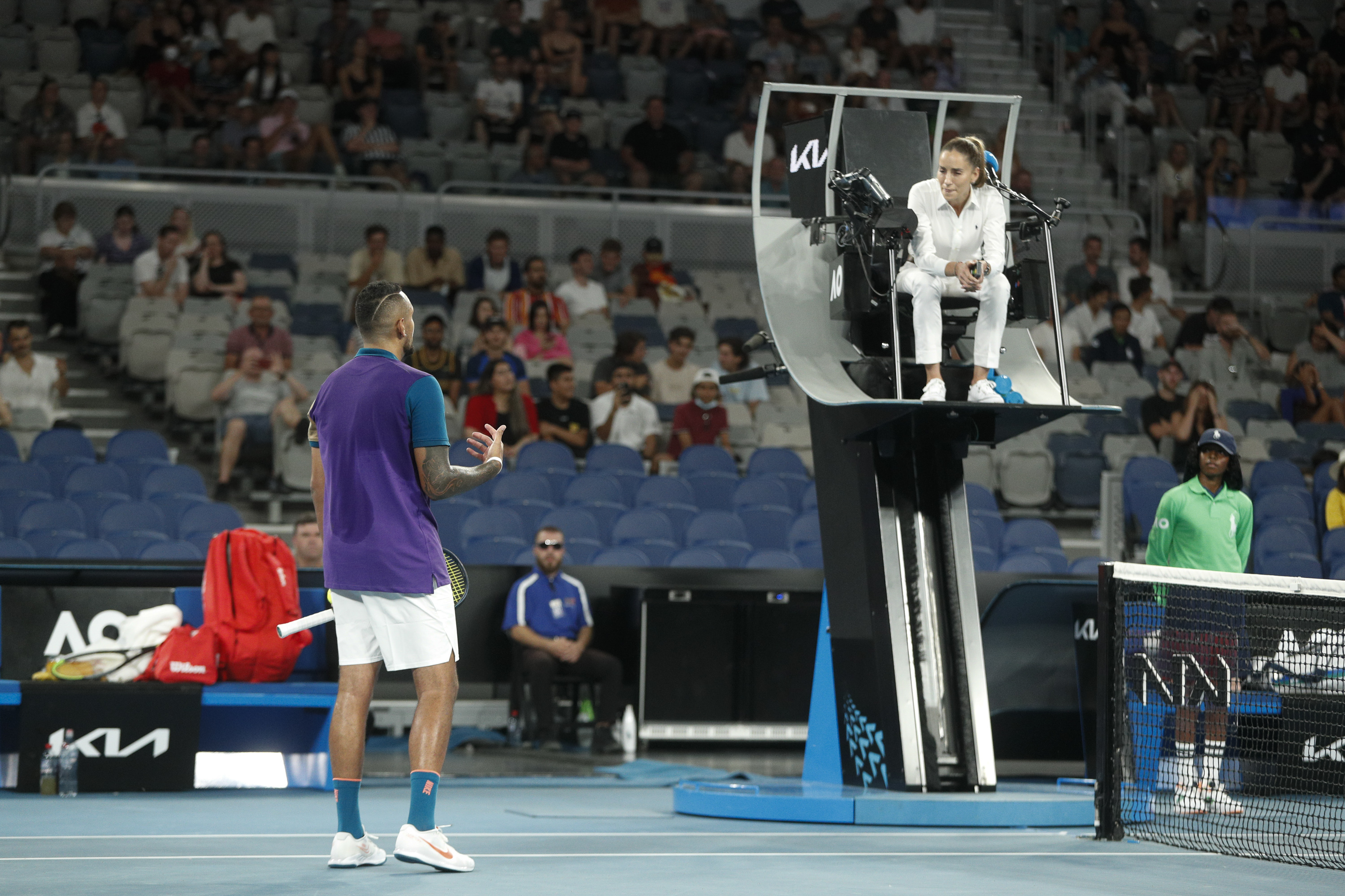 Australia's Nick Kyrgios speaks with umpire Marijana Veljovic during second round match against France's Ugo Humbert at the Australian Open tennis championship in Melbourne, Australia, Wednesday, Feb. 10, 2021. (AP Photo/Hamish Blair)