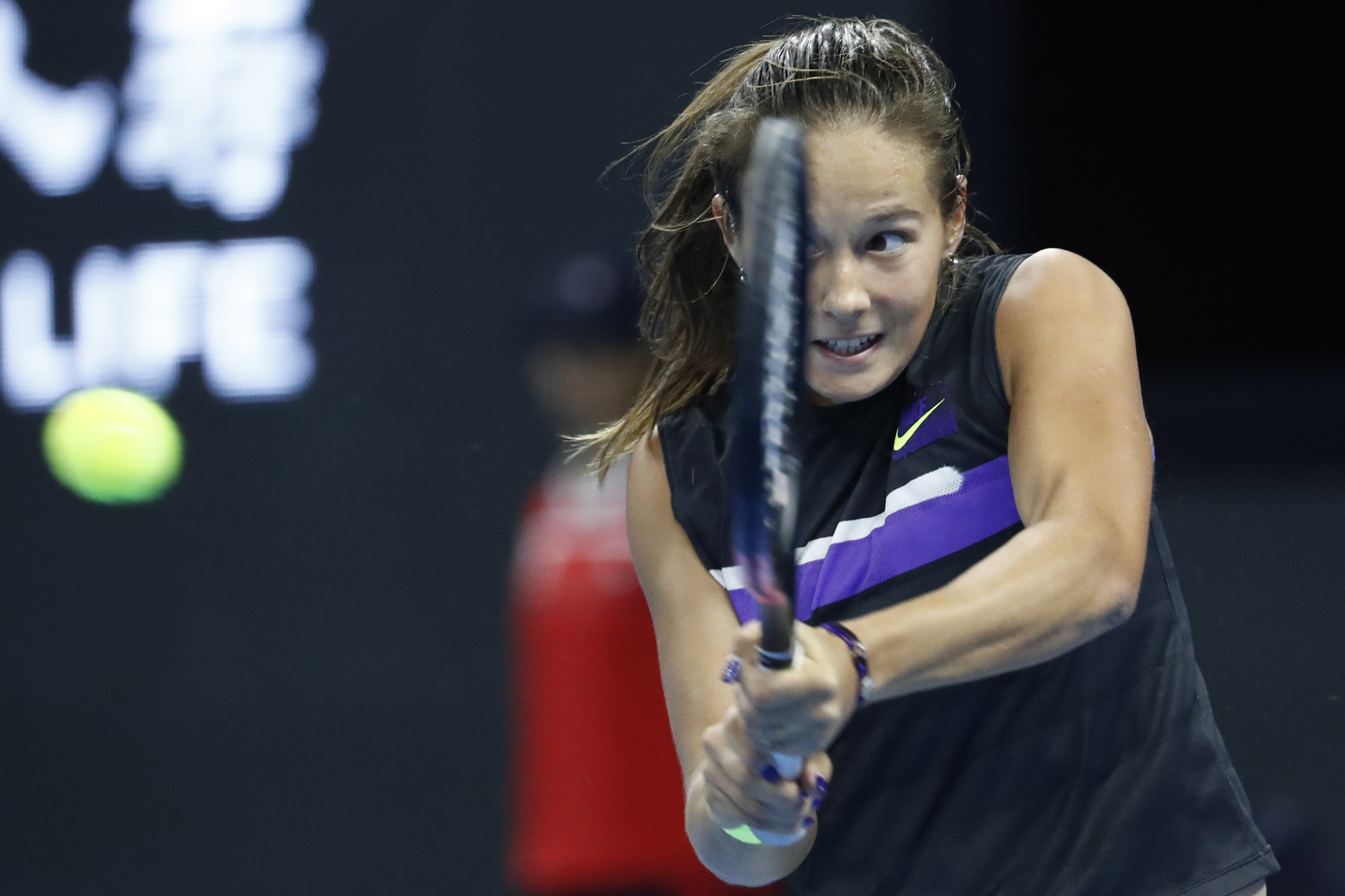 epa07895023 Daria Kasatkina of Russia in action against Caroline Wozniacki of Denmark during their women's singles quarter-final match at the China Open tennis tournament in Beijing, China, 04 October 2019.  EPA-EFE/WU HONG