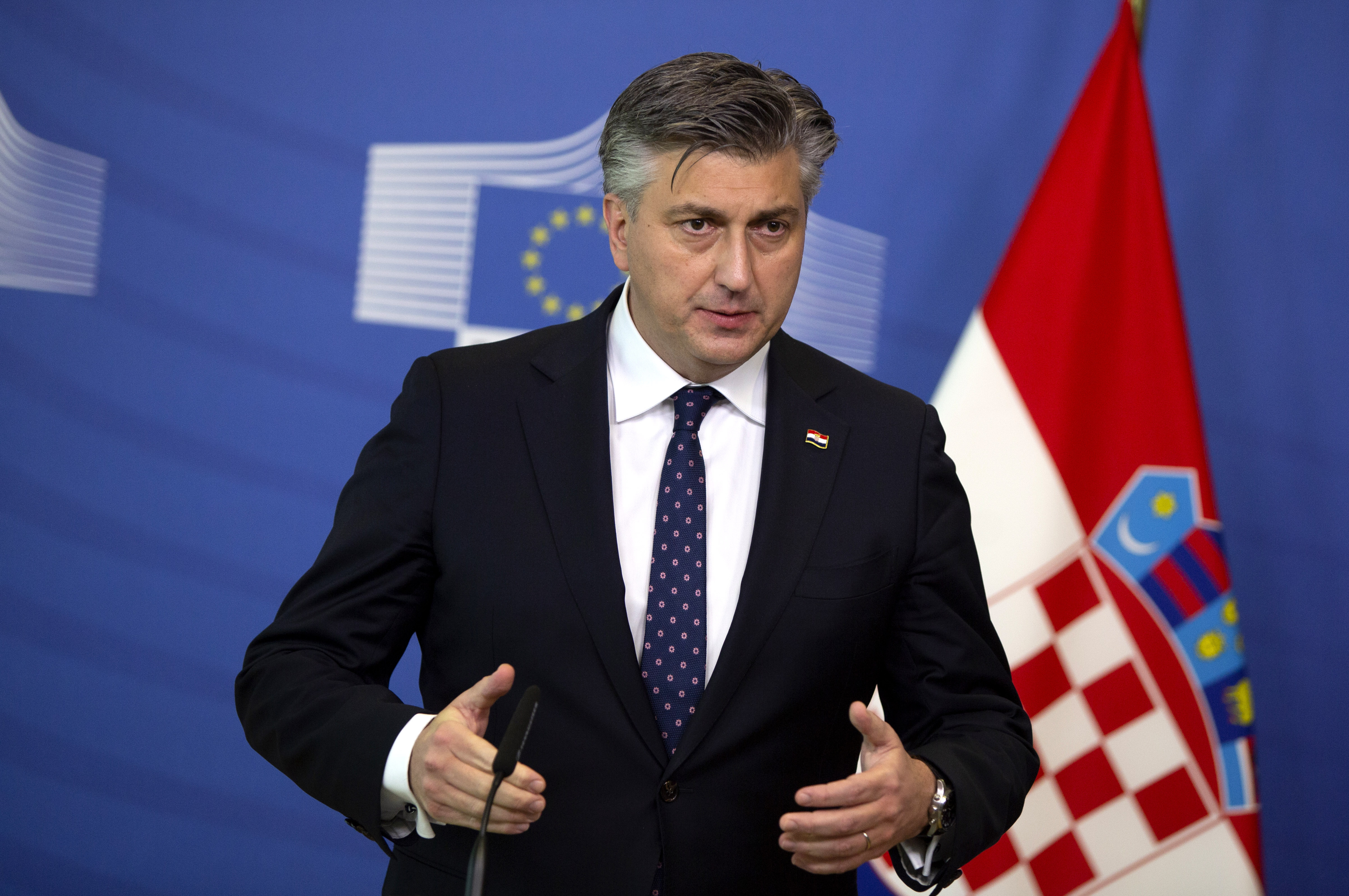 Croatia's Prime Minister Andrej Plenkovic speaks during a media conference after a meeting at EU headquarters in Brussels on Friday, March 12, 2021. (AP Photo/Virginia Mayo, Pool)