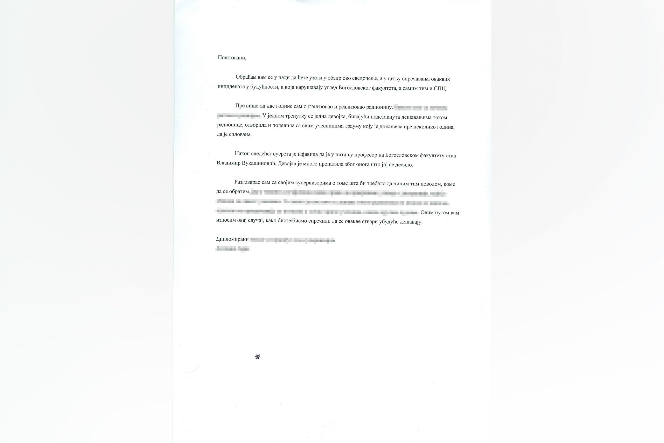 Dokument, pismo profesora, Bogoslovski fakultet, silovanje Foto: Nova.rs