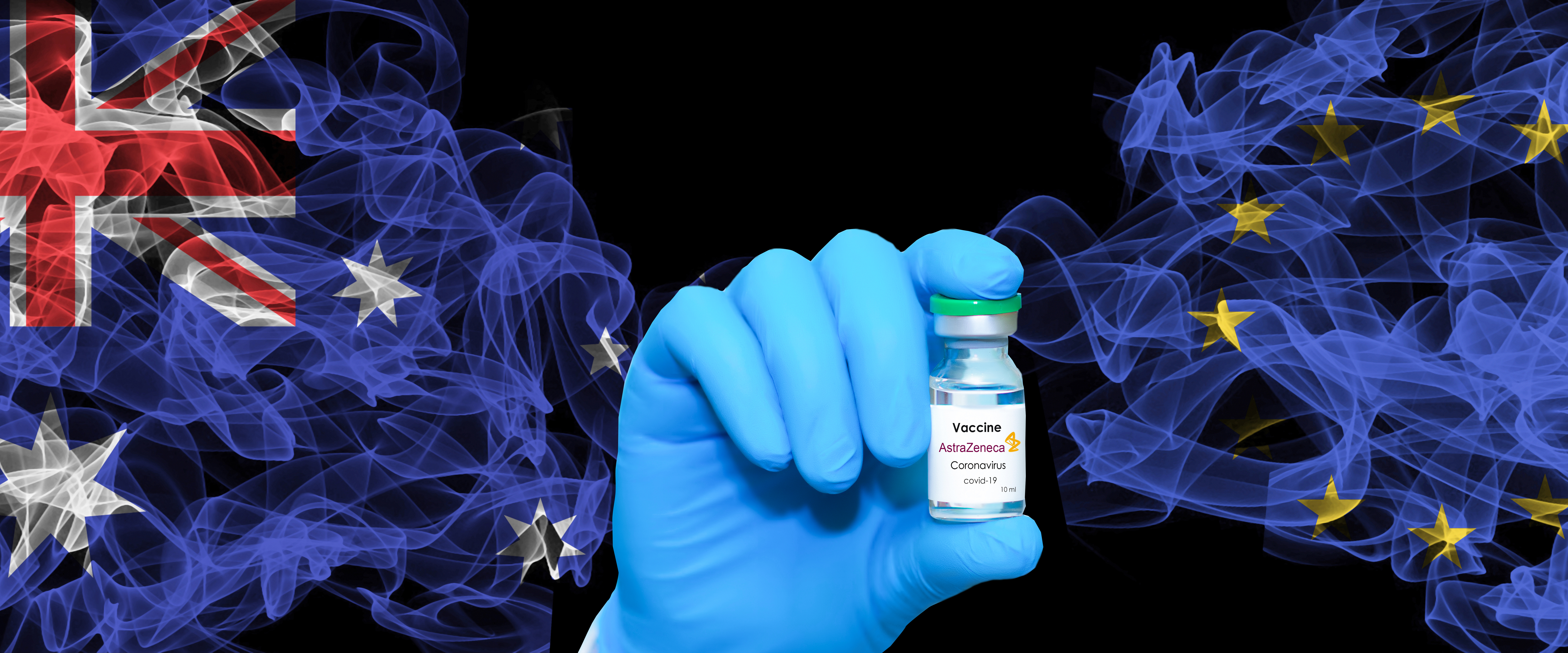 Flags of Australia and EU on Black background, Australia vs Europe Union Smoke Flags