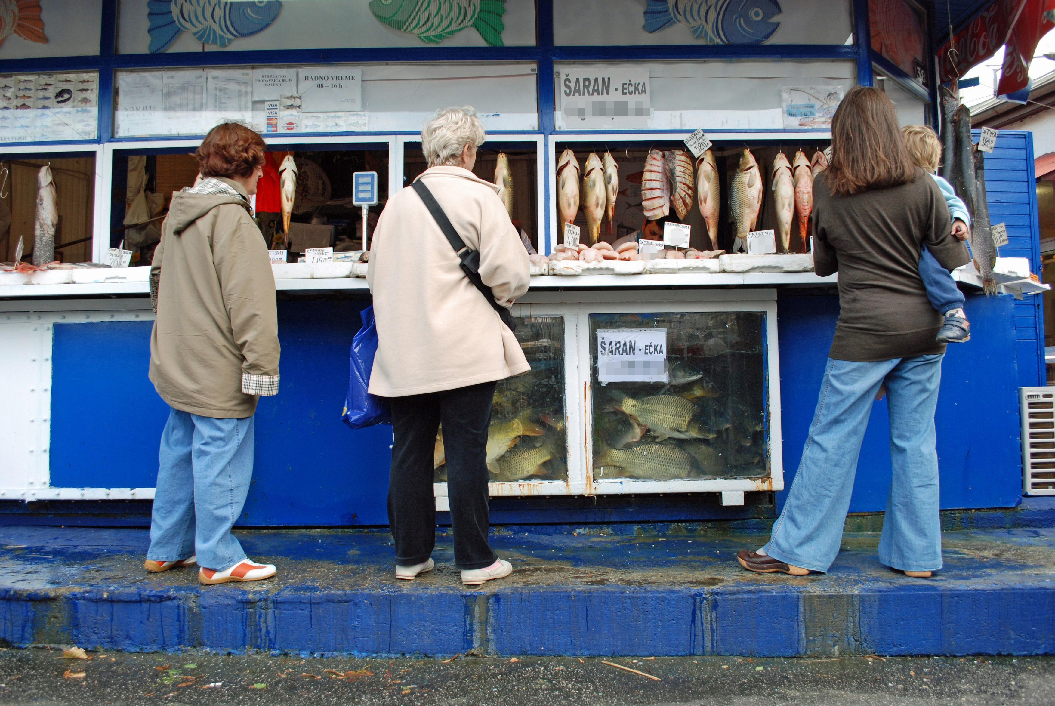 Stednja Women queue outside fresh fish shop in Kalenic market, Belgrade, Serbia