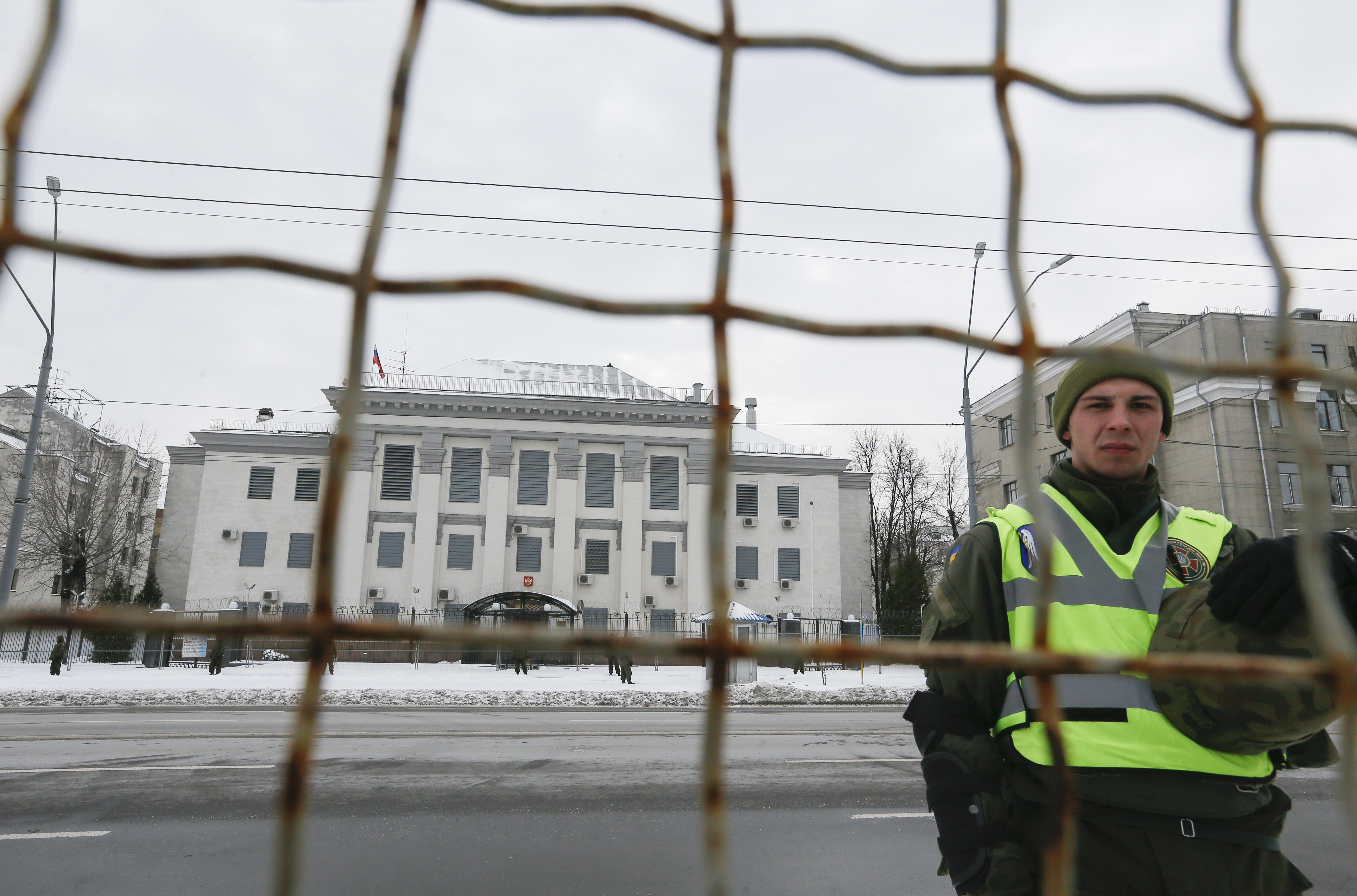 Activists and supporters of different Ukrainian nationalists parties block access for Russian citizens to the election committee placed in Russian embassy.