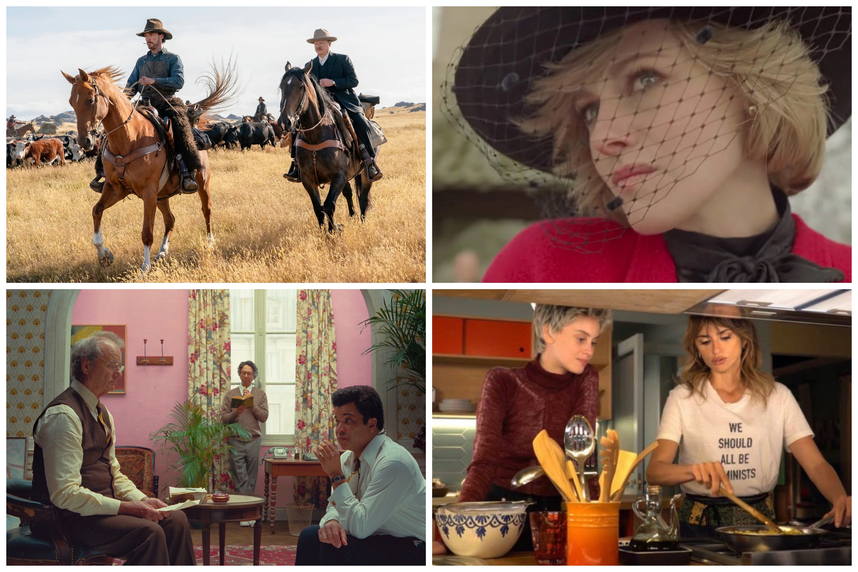 fotke iz filmova:  French dispatch, the Power of the Dog, Parallel Mothers i  Spencer