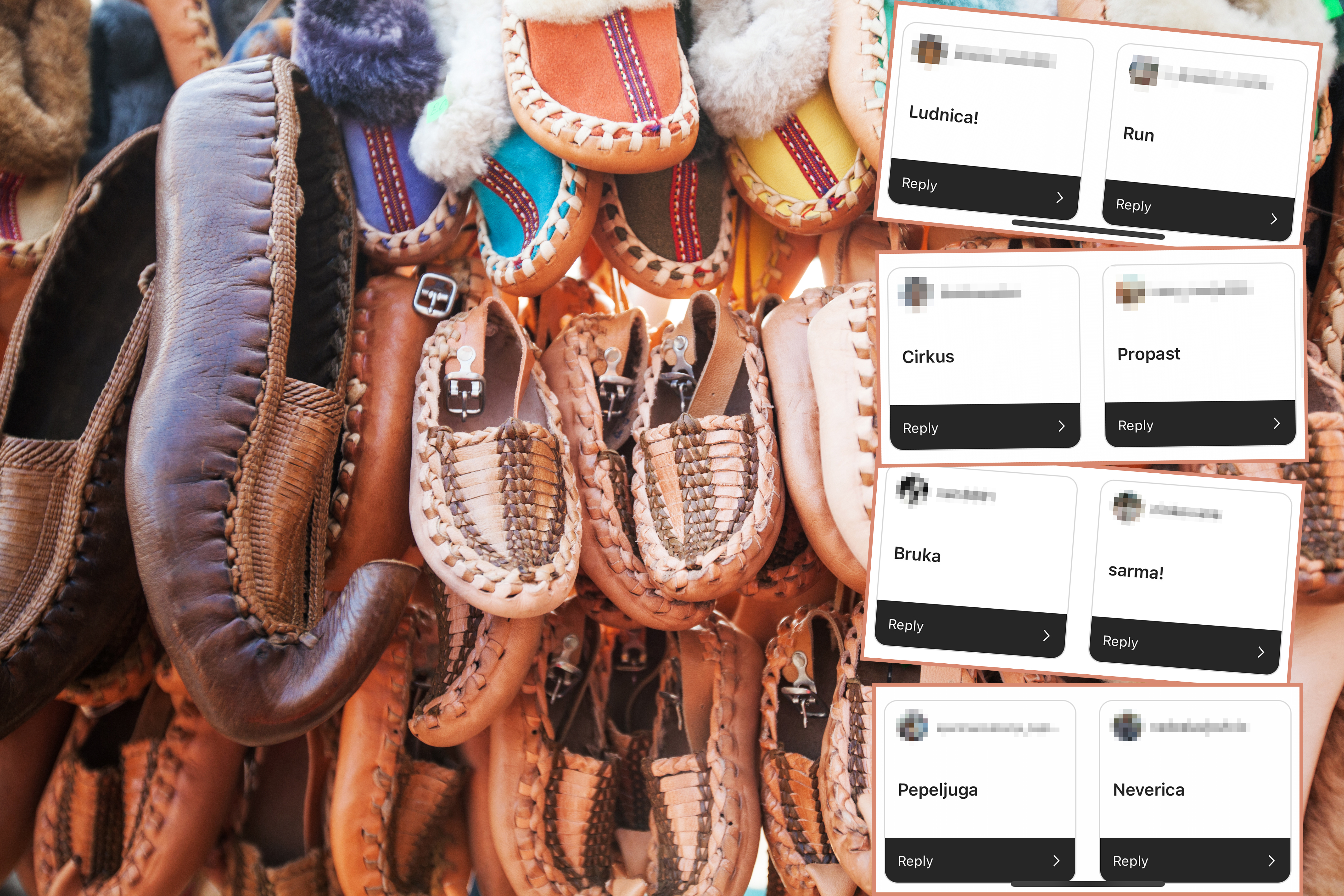 Closeup of Traditional Serbian retro handcrafted leather folks shoes for sale at stall on local fair