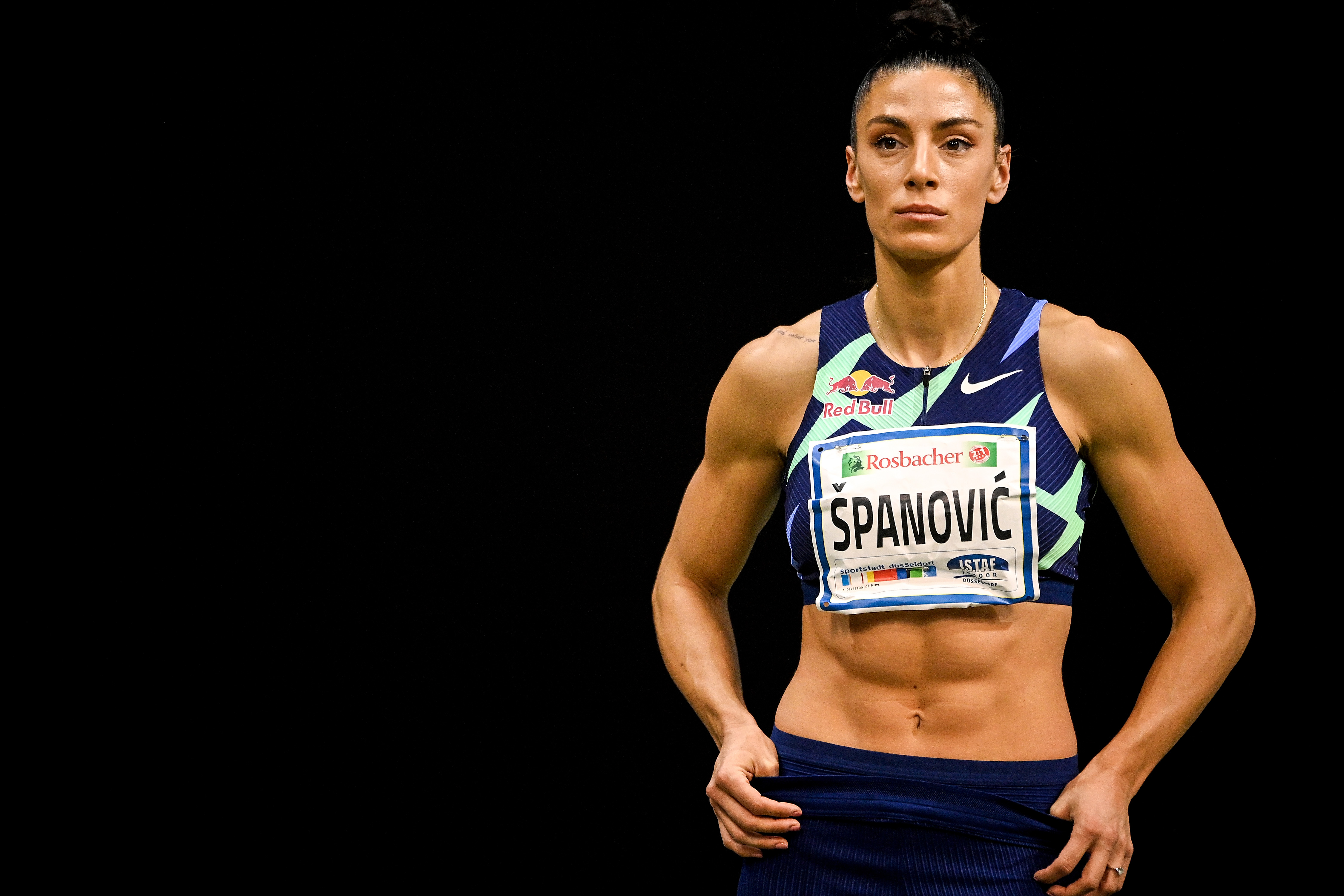 epa08977602 Ivana Spanovic of Serbia competes in the women's long jump at the ISTAF Indoor international athletics meeting in Duesseldorf, Germany, 31 January 2021.  EPA-EFE/Sascha Steinbach / POOL
