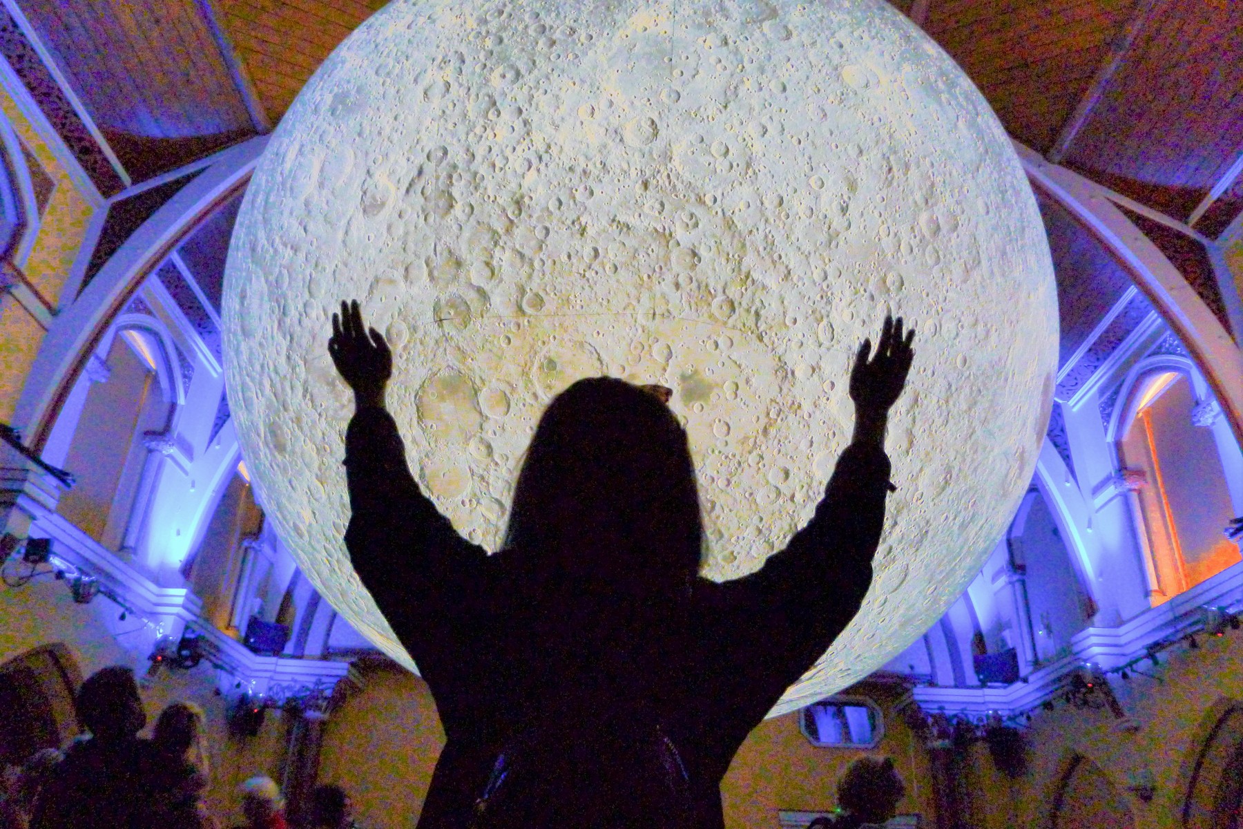 Dorchester, UK. 21st July 2019. Luke Jerram's 'Museum of the Moon' touches down in Dorchester Corn Exchange, on the 50th anniversary of the first moon landing. credit: stuart fretwell/Alamy Live News