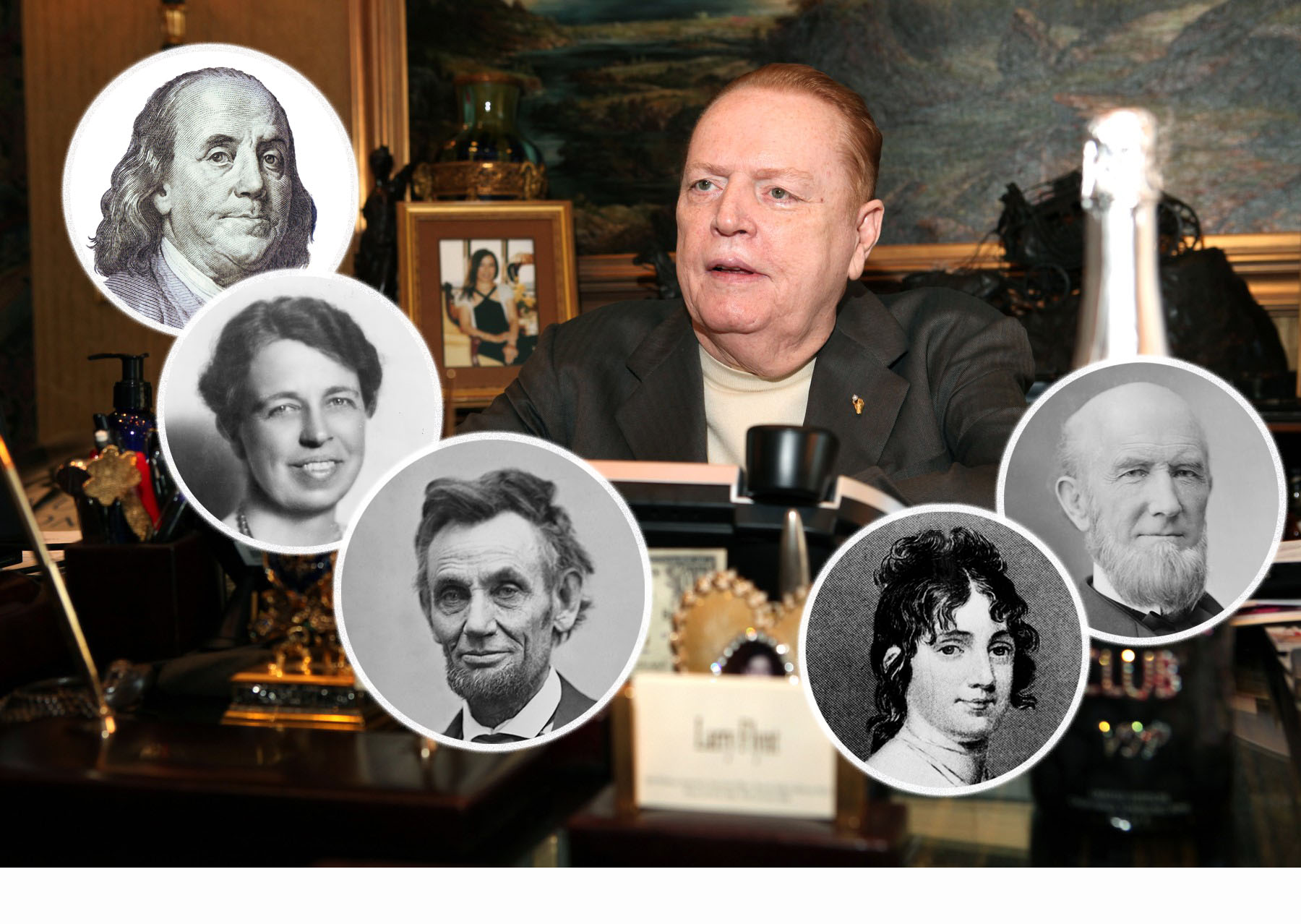 lari flint, a okolo (ili sa strane) u kružićima recimo Abraham Linkoln, Elenor Ruzvelt, Bendžamin Frenklin, a ako mogu da stanu i Džejms Bjukenan (James Buchanan), Dolley Madison kombo