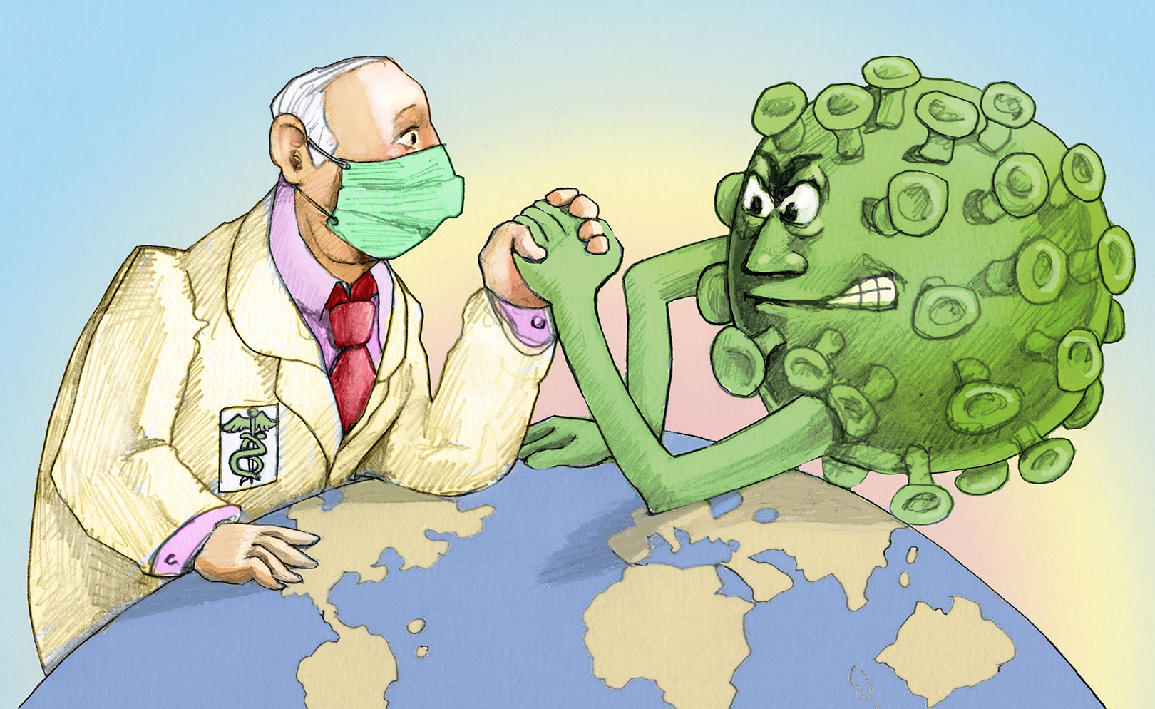 Ilustracija doctor does arm wrestling against a virus on the worl dtheme virus infection