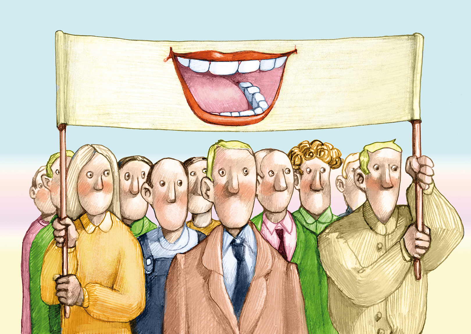 Ilustracija people's crowd without mouth under banner feels a great mouth allegory of representation political common voice