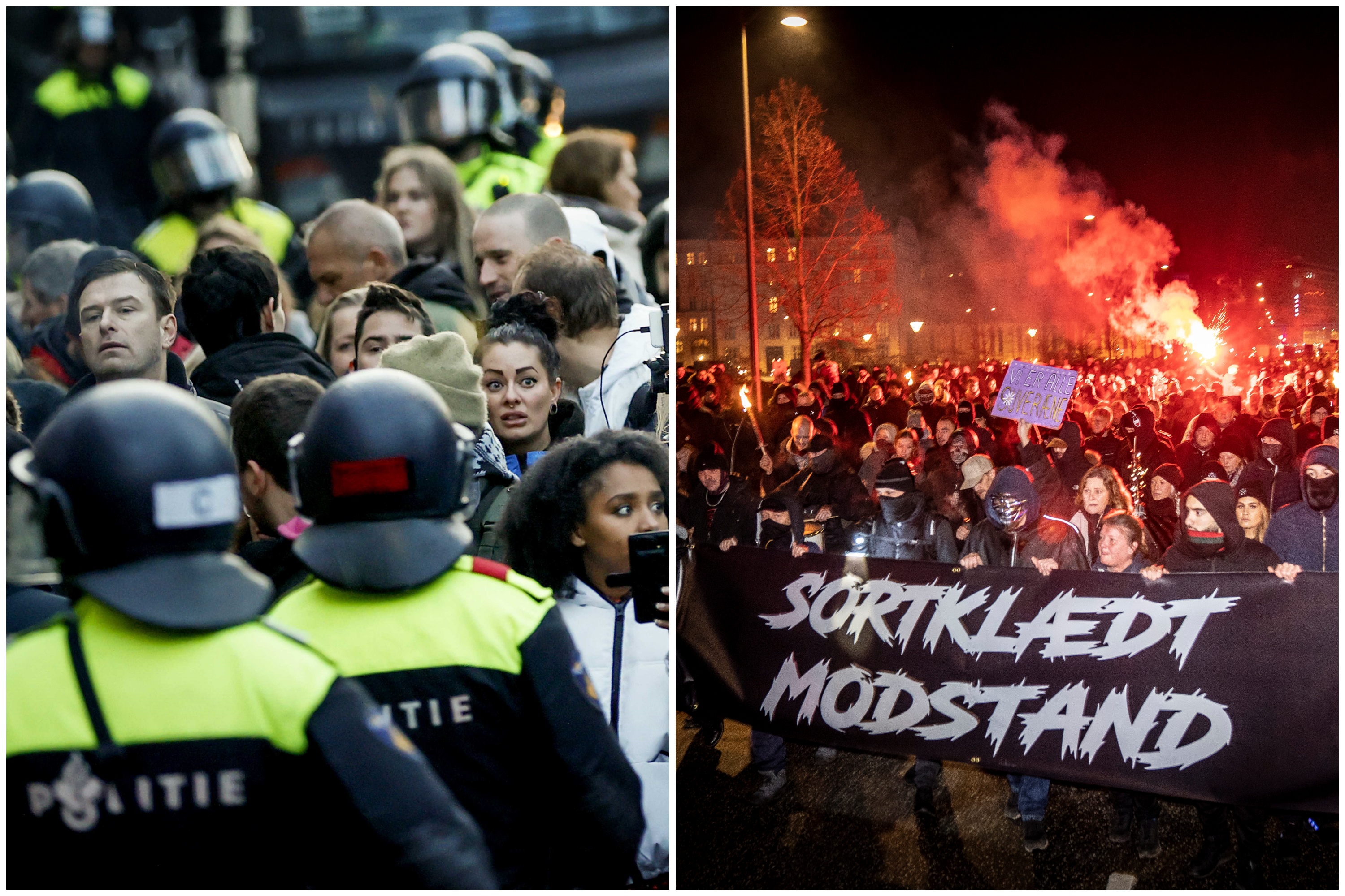 Holandija i Danska, protest, koroanvirus, epidemioloske mere kombo Foto: EPA-EFE/ROBIN VAN LONKHUIJSEN/MADS CLAUS RASMUSSEN