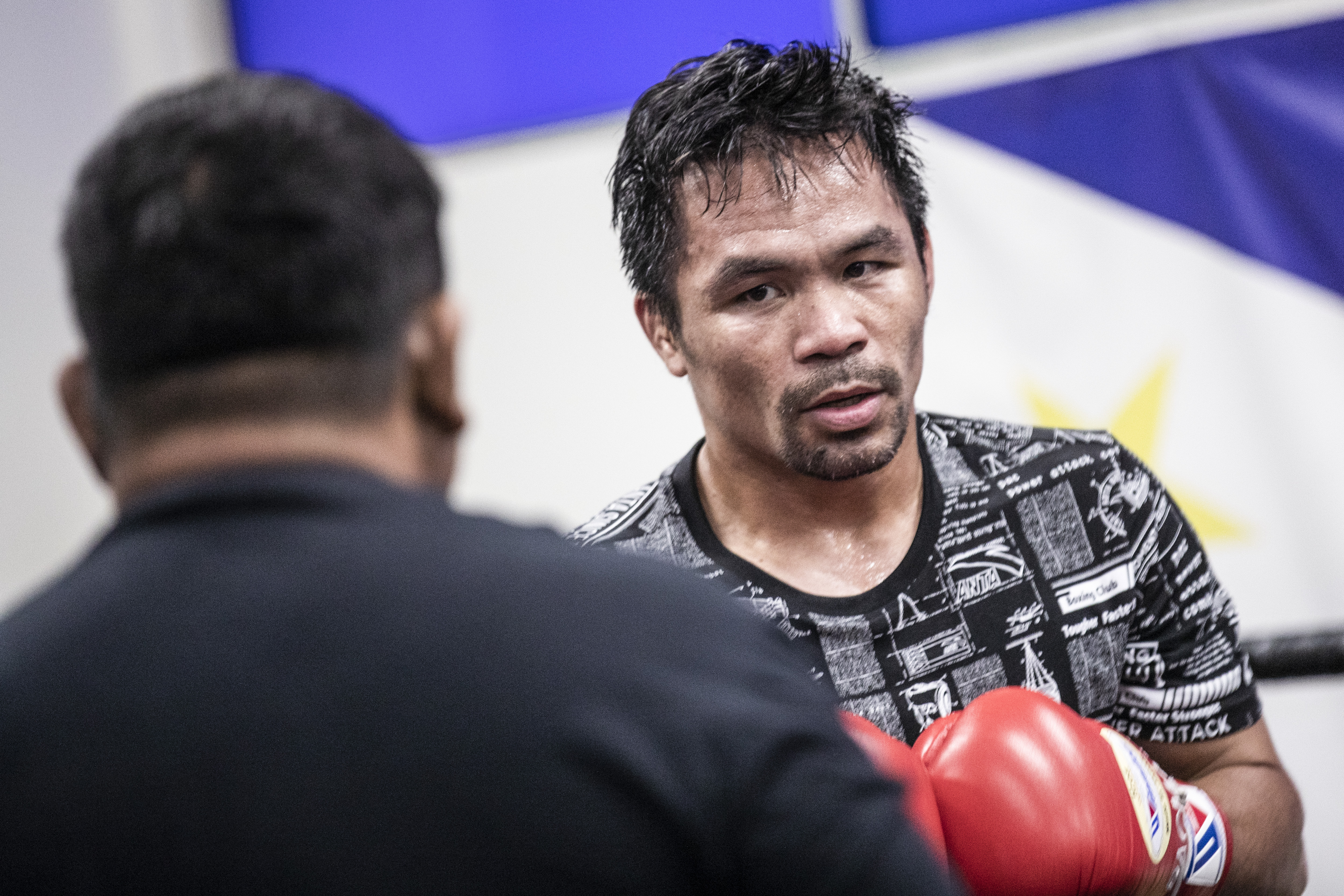 epa07730779 Manny Pacquiao of the Philippines trains at the at the Wild Card Boxing Gym for his last session in Los Angeles before his fight against Keith Thurman, California, USA, 15 July 2019 (issued 21 July 2019).  EPA-EFE/ETIENNE LAURENT