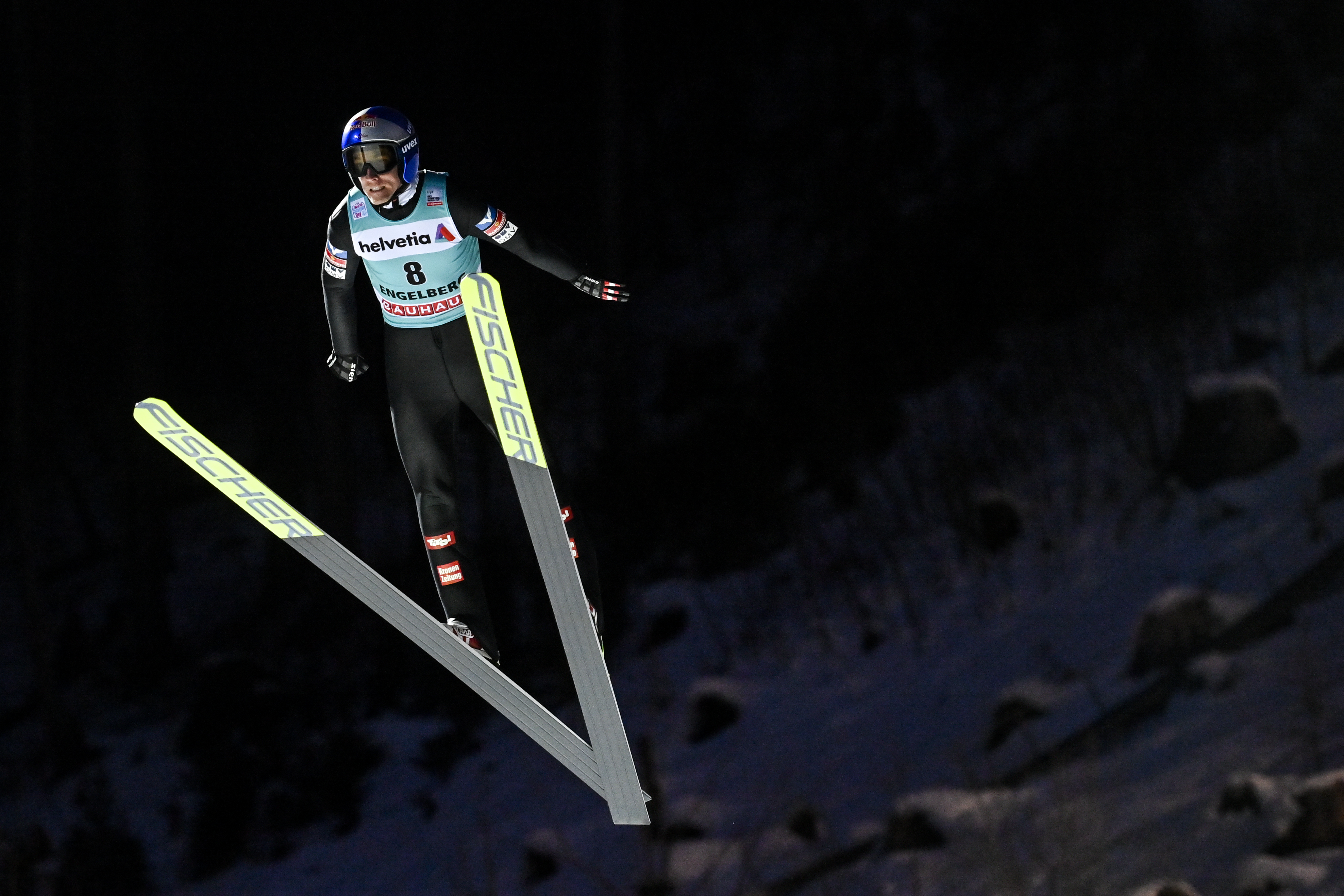 epa08892450 Gregor Schlierenzauer of Austria in action during the qualification round of the men's FIS Ski Jumping World Cup in Engelberg, Switzerland, 18 December 2020.  EPA-EFE/GIAN EHRENZELLER