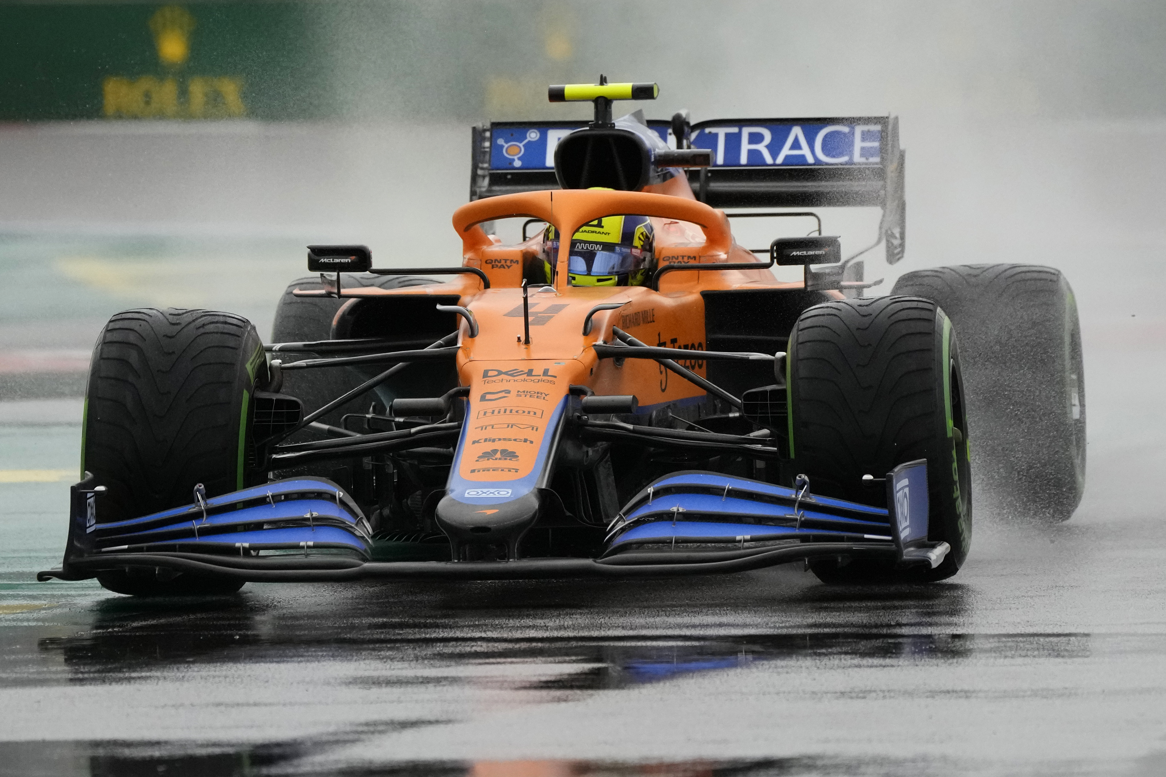 Mclaren driver Lando Norris of Britain steers his car during the qualifying session at the Sochi Autodrom circuit, in Sochi, Russia, Saturday, Sept. 25, 2021. The Russian Formula One Grand Prix will be held on Sunday. (AP Photo/Sergei Grits)