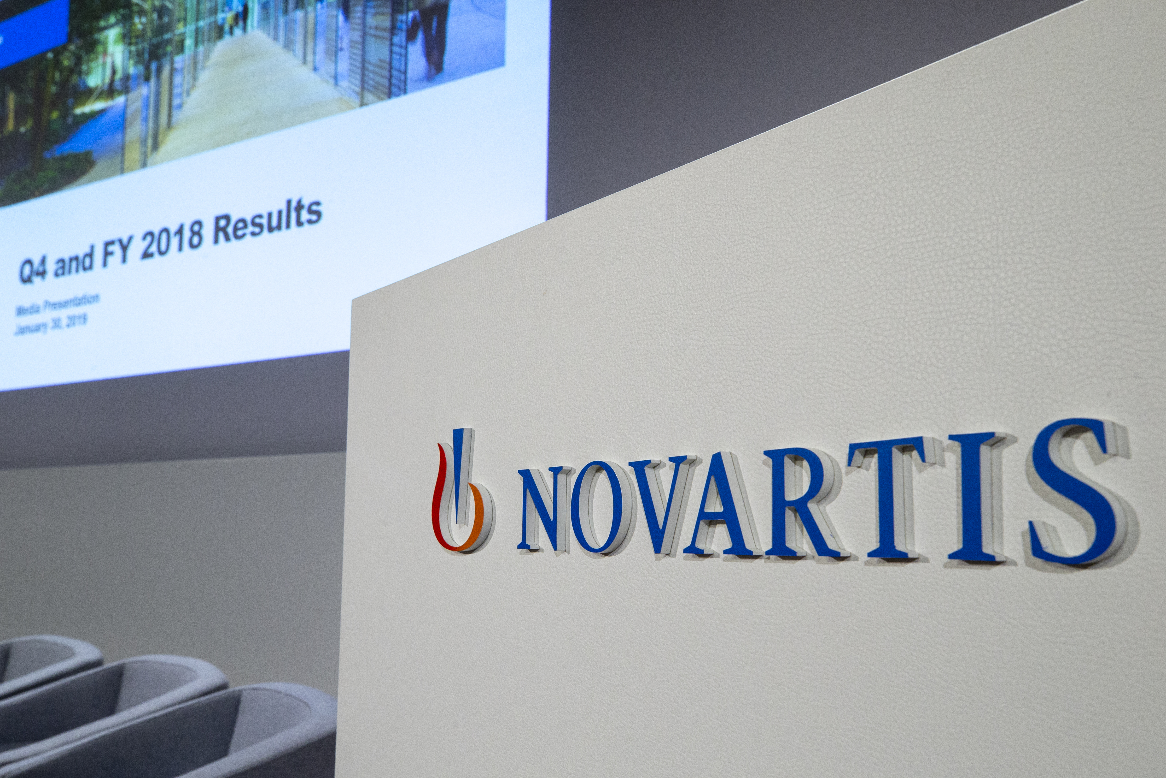 epa07331082 The Logo of Swiss pharmaceutical group Novartis is visible prior the annual results media conference at the Novartis Campus in Basel, Switzerland, 30 January 2019.  EPA-EFE/PATRICK STRAUB