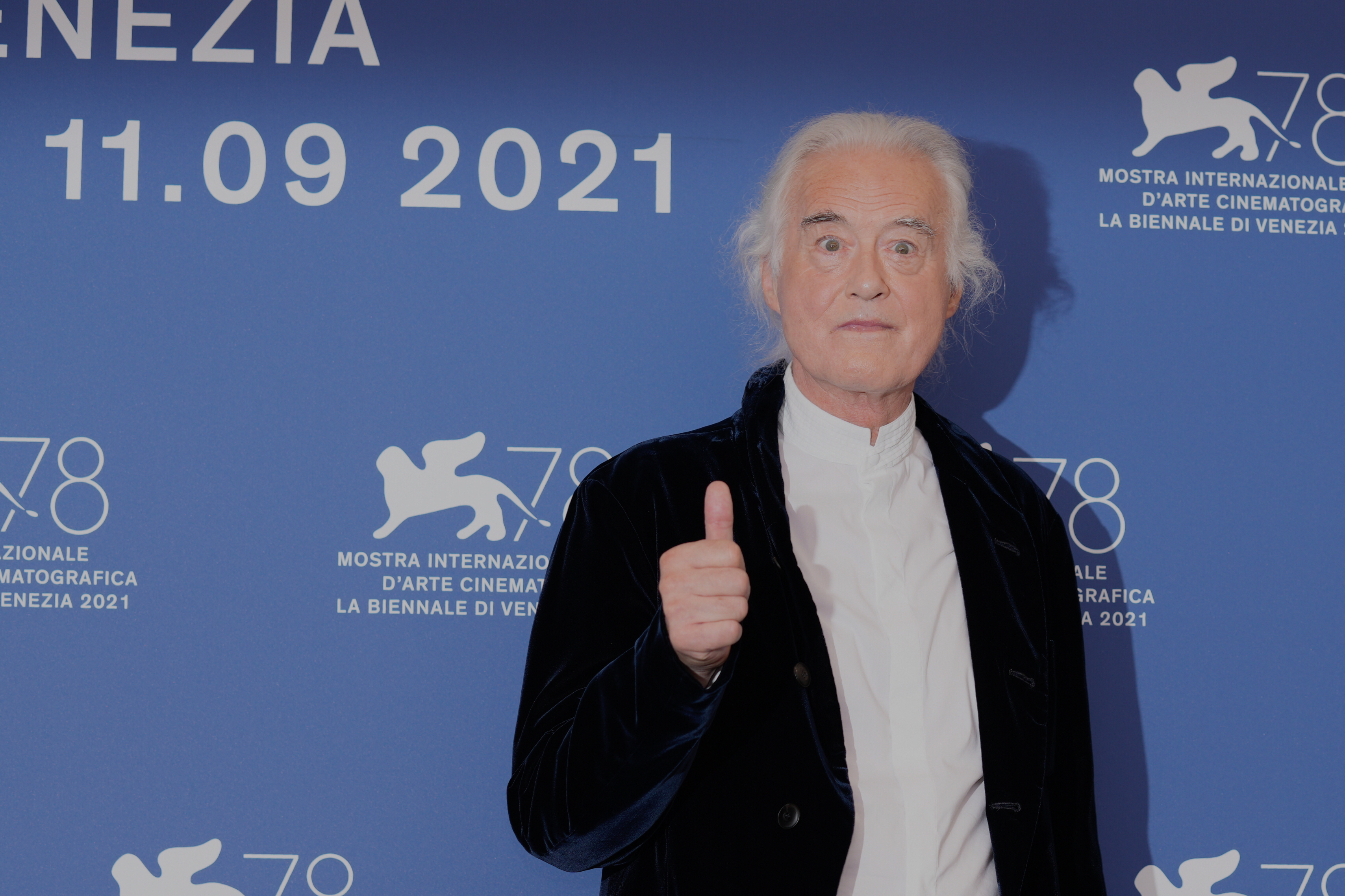 Musician Jimmy Page poses at the photo call of the movie 'Becoming Led Zeppelin' at the 78th edition of the Venice Film Festival at the Venice Lido, Italy, Saturday, Sep. 4, 2021. The festival is on Sept. 1 through Sept. 11. (AP Photo/Domenico Stinellis)