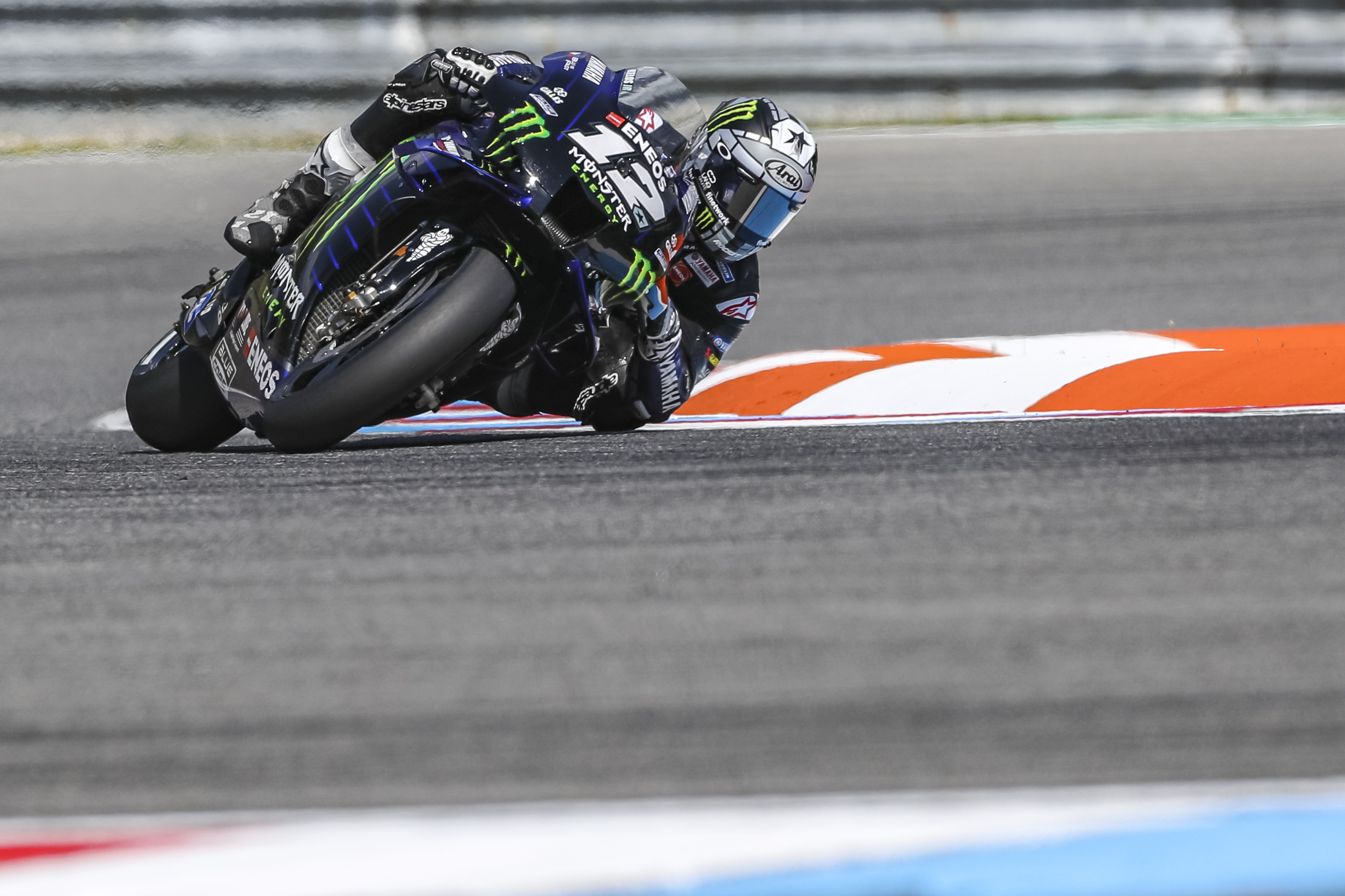 epa08591656 Spanish MotoGP rider Maverick Vinales of Monster Energy Yamaha MotoGP team during the qualification of the Motorcycling Grand Prix of the Czech Republic, 08 August 2020. The race will take place on 09 August 2020.  EPA-EFE/MARTIN DIVISEK