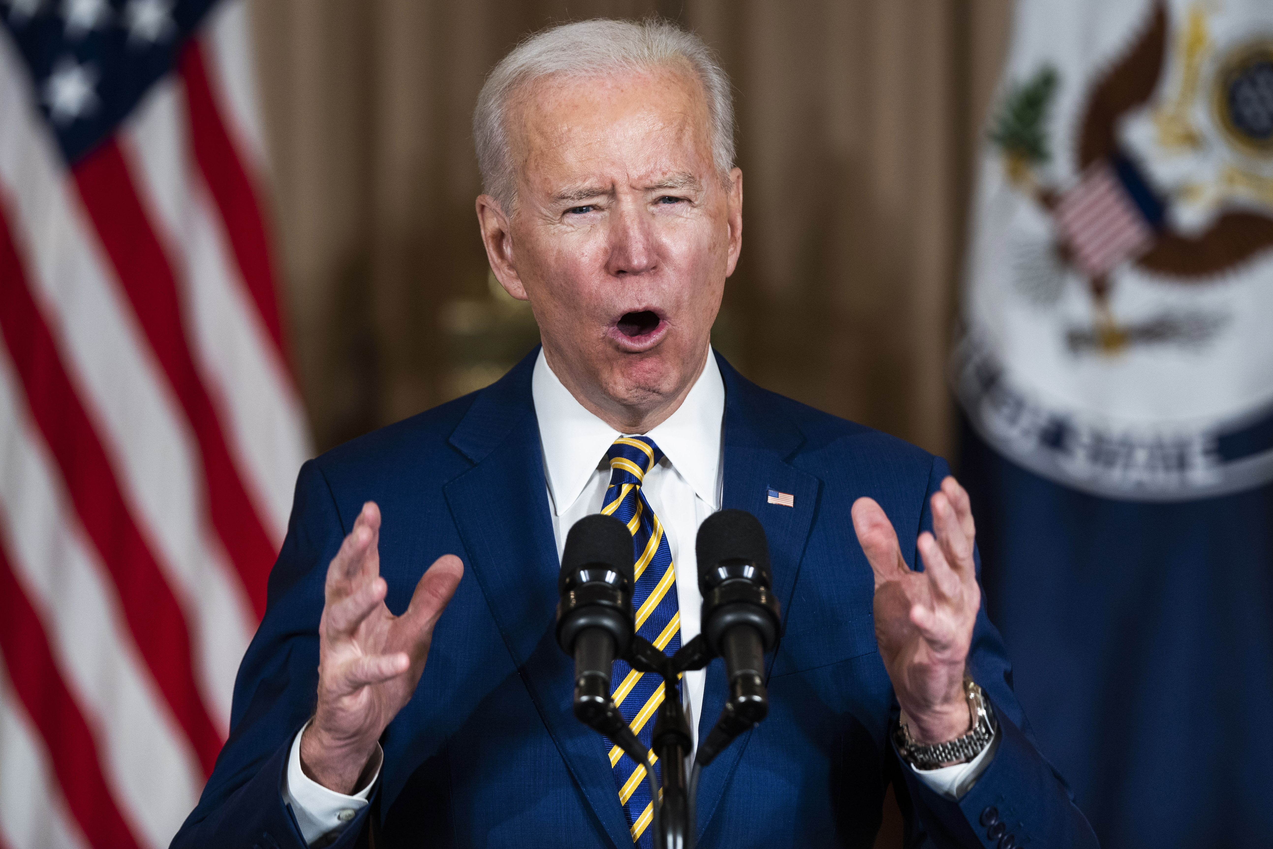 epa08987646 US President Joe Biden makes a foreign policy speech at the State Department in Washington, DC, USA, 04 February 2021. Biden announced that he is ending US support for the Saudi?s offensive operations in Yemen.  EPA-EFE/JIM LO SCALZO