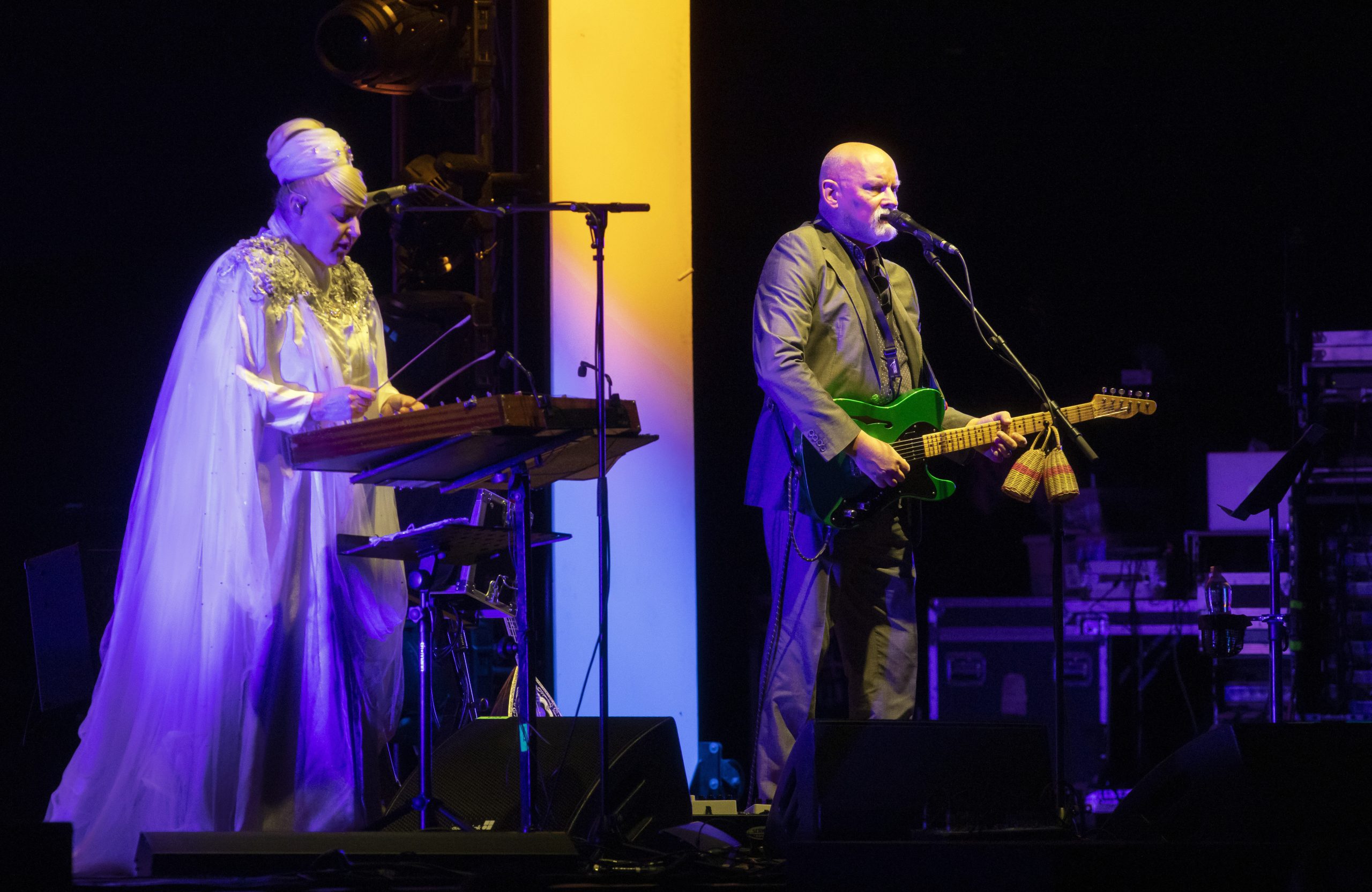 epa07675684 Lisa Gerrard (L) and Brendan Perry of the Australian band Dead Can Dance perform during their concert at the Papp Laszlo Budapest Sports Arena, in Budapest, Hungary, 26 June 2019.  EPA-EFE/Balazs Mohai HUNGARY OUT