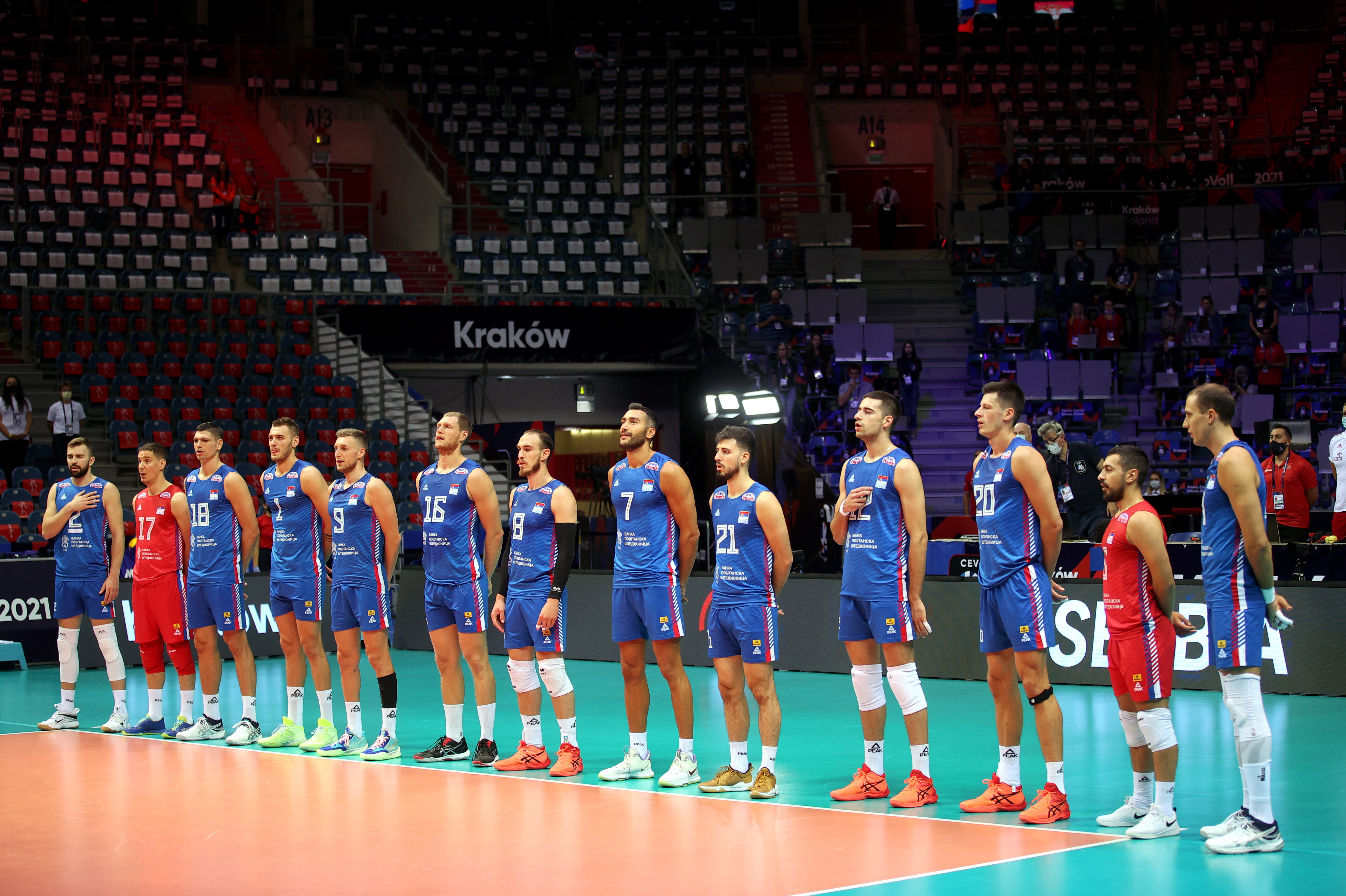 epa09451926 Serbia national team players line up for the the 2021 Men's European Volleyball Championship Pool A match between Portugal and Serbia in Krakow, south Poland, 06 September 2021.  EPA-EFE/Lukasz Gagulski POLAND OUT