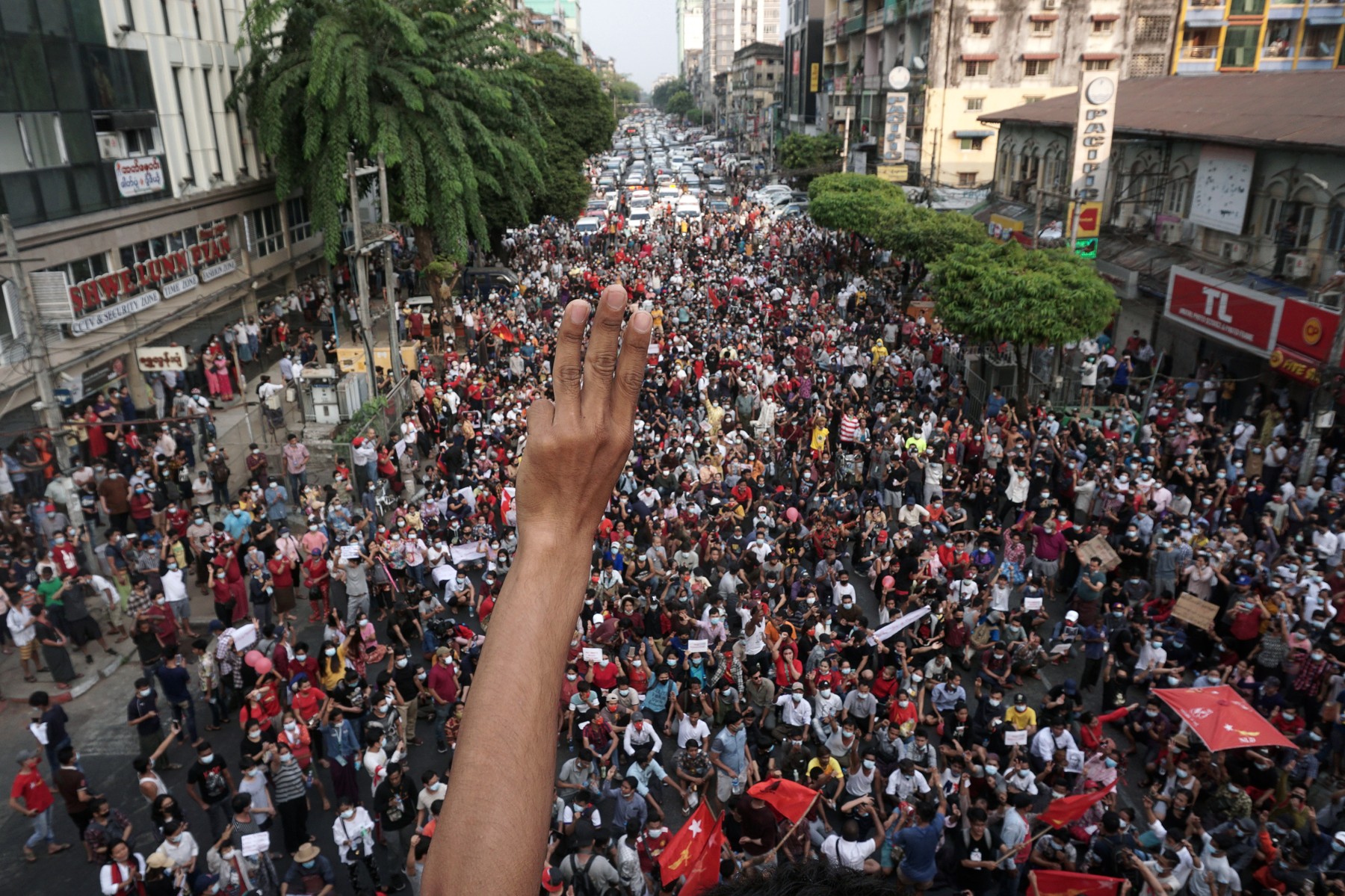 A protester holds up the three finger salute during a demonstration against the military coup in Yangon on February 6, 2021.,Image: 589215675, License: Rights-managed, Restrictions: , Model Release: no, Credit line: STR / AFP / Profimedia