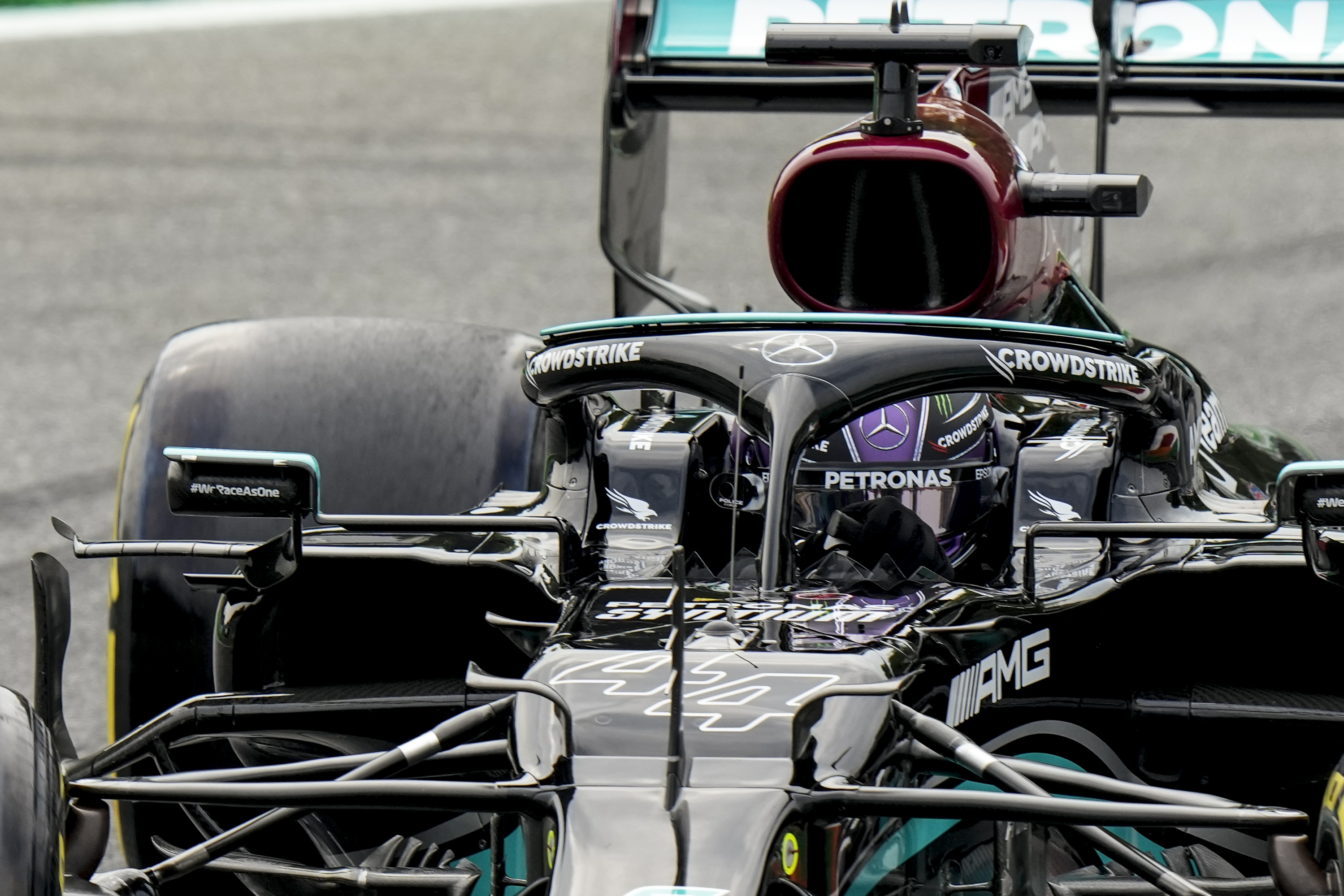 Mercedes driver Lewis Hamilton of Britain steers his car during the first practice session for Sunday's Italian Formula One Grand Prix, at the Monza racetrack, in Monza, Italy, Friday, Sept. 10, 2021. (AP Photo/Luca Bruno)