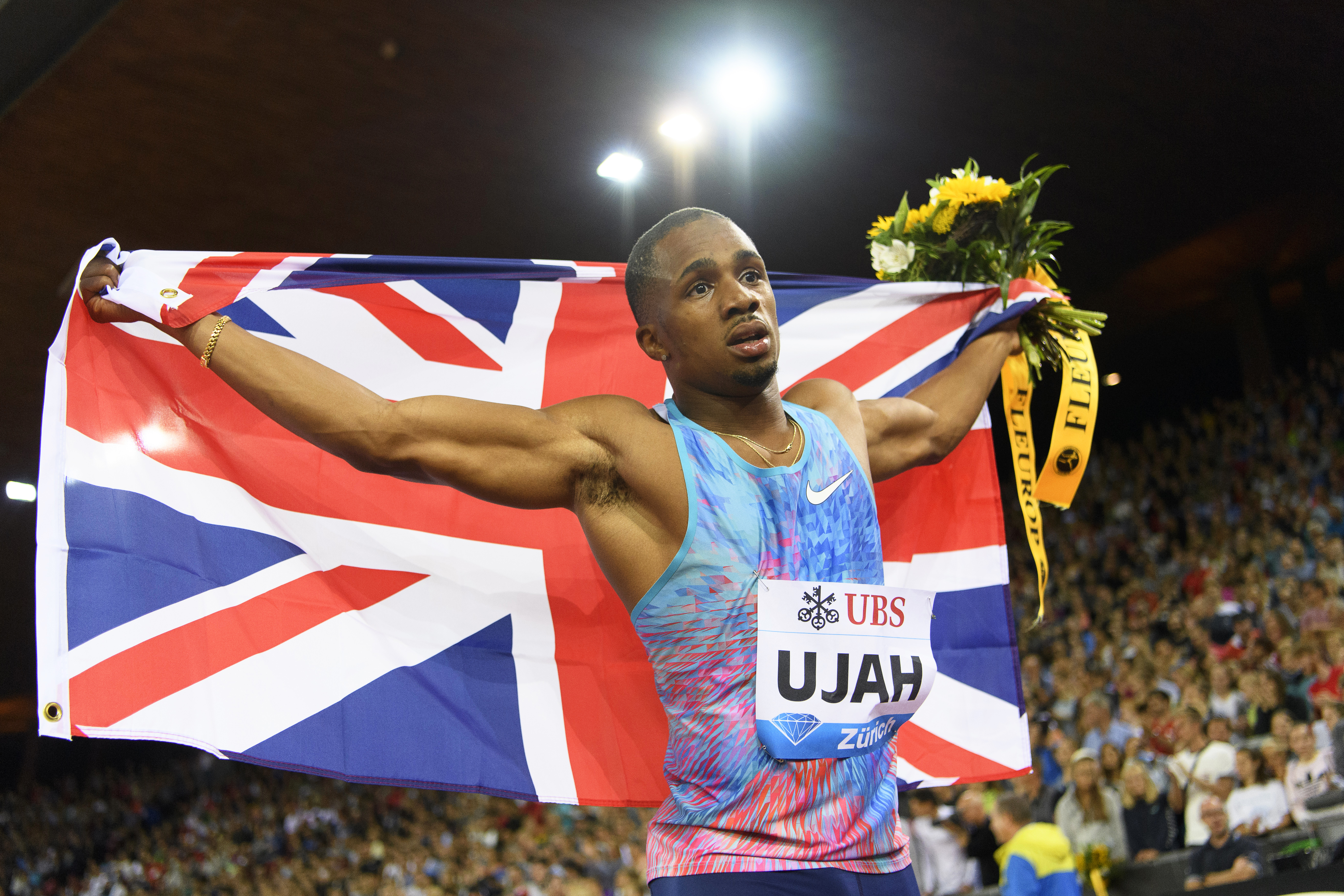 epa06160859 Chijindu Ujah of Britain celebrates after winning the men's 100m race during the Weltklasse IAAF Diamond League international athletics meeting in the Letzigrund stadium in Zurich, Switzerland, 24 August 2017.  EPA-EFE/JEAN-CHRISTOPHE BOTT