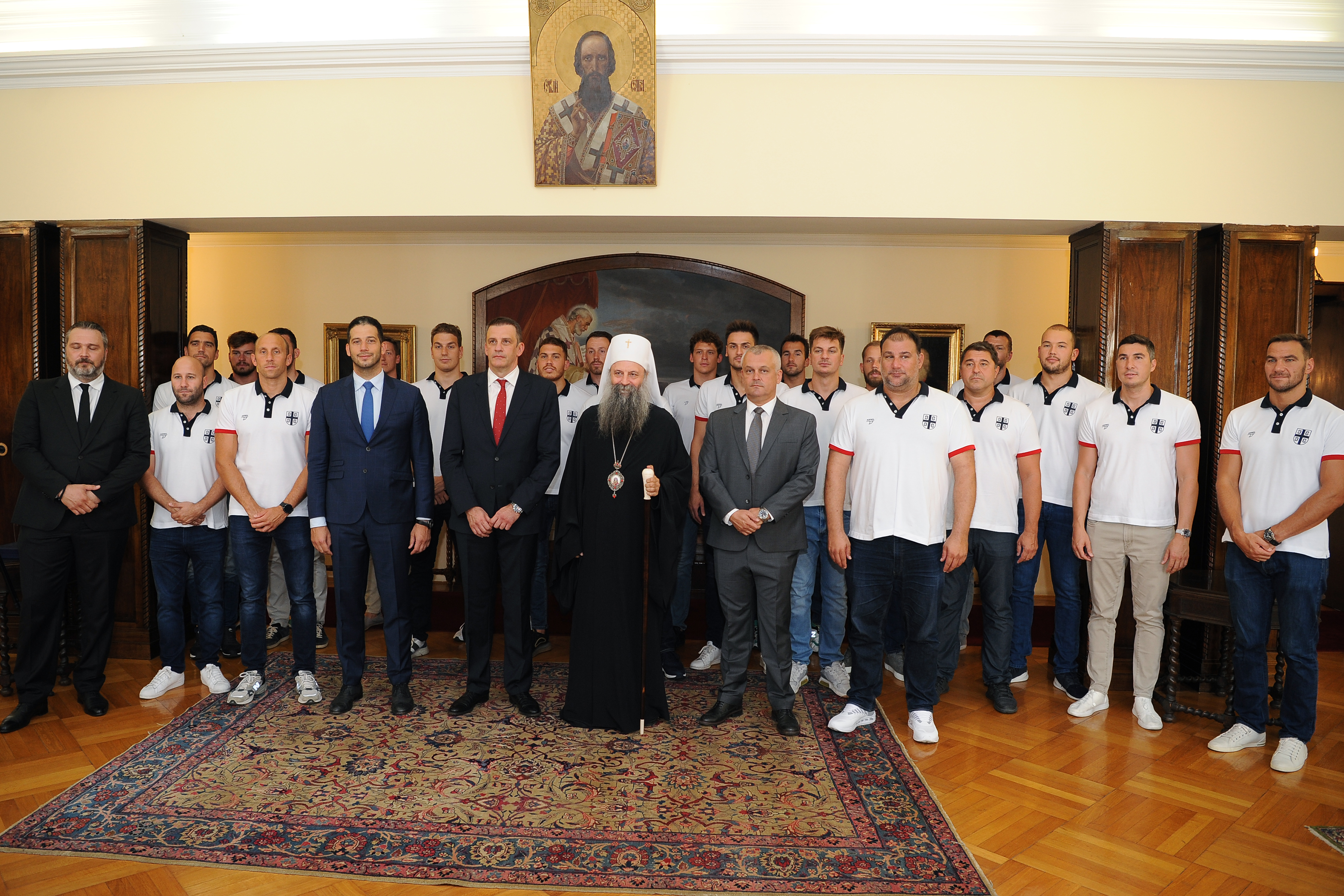 Beograd, 9. juli 2021 - Ministar omladine i sporta Vanja Udovicic. Patrijarh srpski Porfirije primio je danas u Patrijarsiji vaterpolo Olimpijski tim Srbije. FOTO TANJUG/ MILOS MILIVOJEVIC/bs