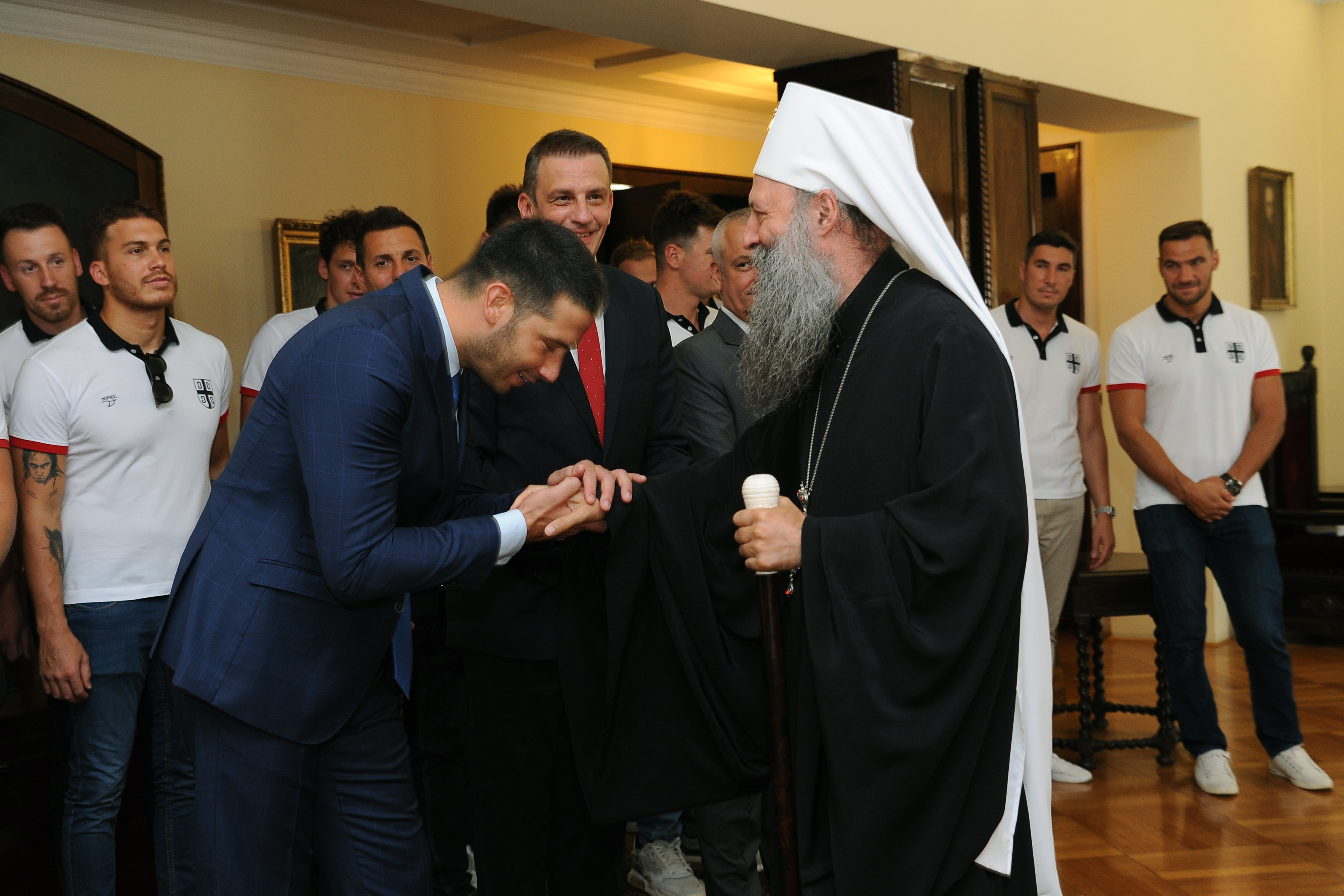 Beograd, 9. juli 2021 - Ministar omladine i sporta Vanja Udovicic. Patrijarh srpski Porfirije primio je danas u Patrijarsiji vaterpolo Olimpijski tim Srbije. FOTO TANJUG/ MILOS MILIVOJEVIC/bs