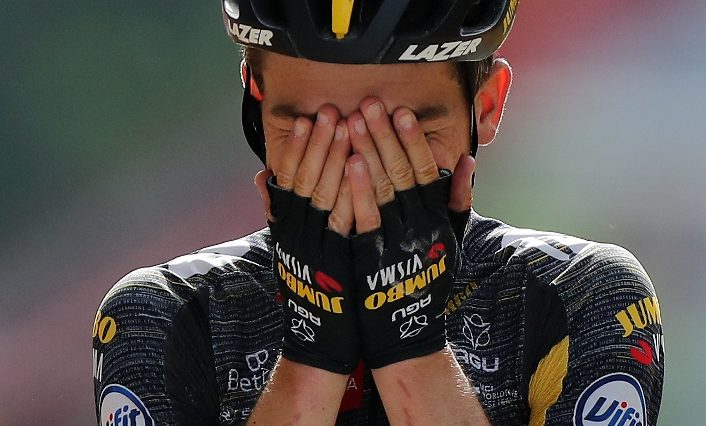 epa09337811 US rider Sepp Kuss of Team Jumbo-Visma reacts after winning the 15th stage of the Tour de France 2021 over 191.3 km from Ceret, France to Andorra la Vella, Andorra, 11 July 2021.  EPA-EFE/CHRISTOPHE PETIT-TESSON